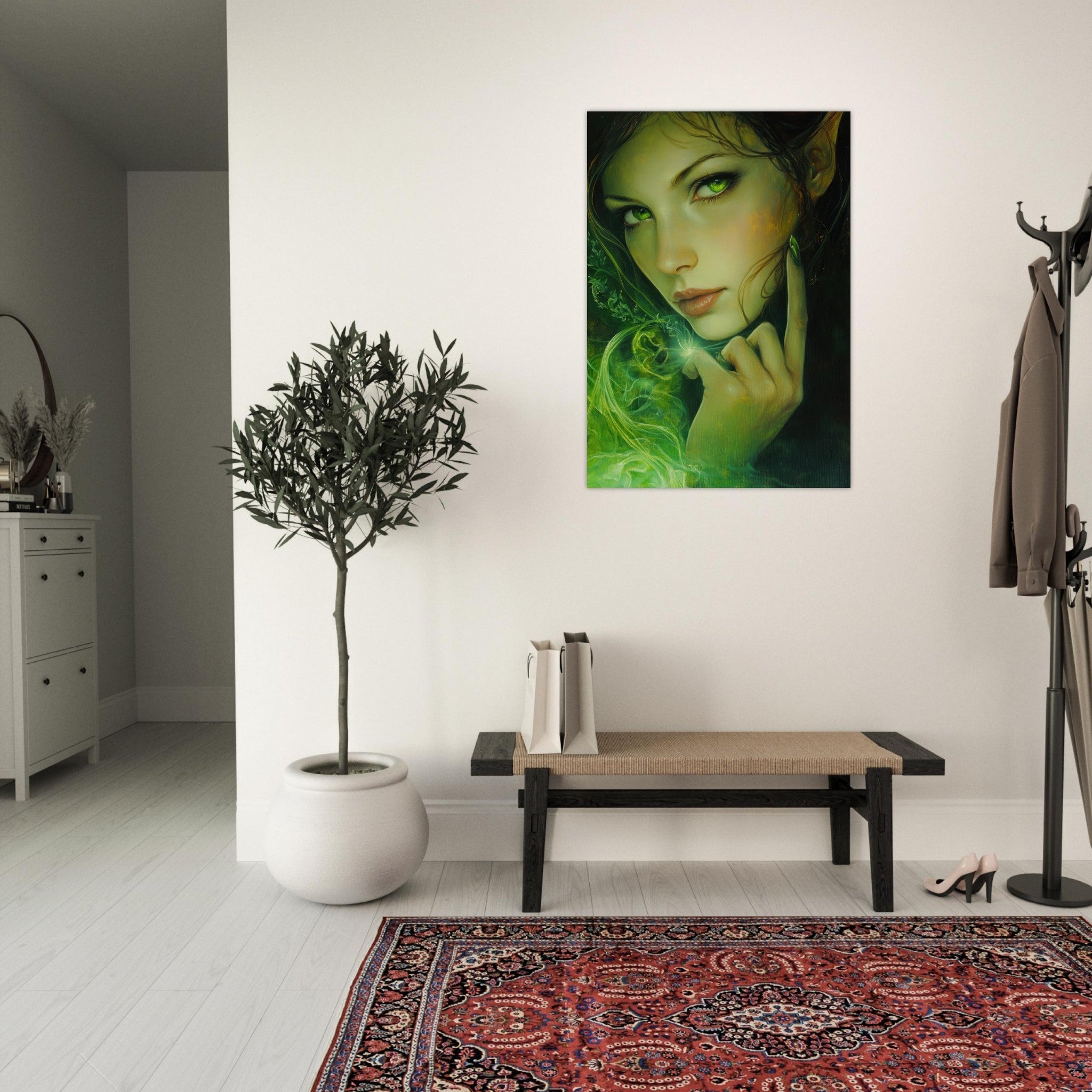 Aluminum Print Portrait - The Fae Sorceress of the Emerald Woods Oil Faint - Shop Ai Art WebShop - Digital Art online Store
