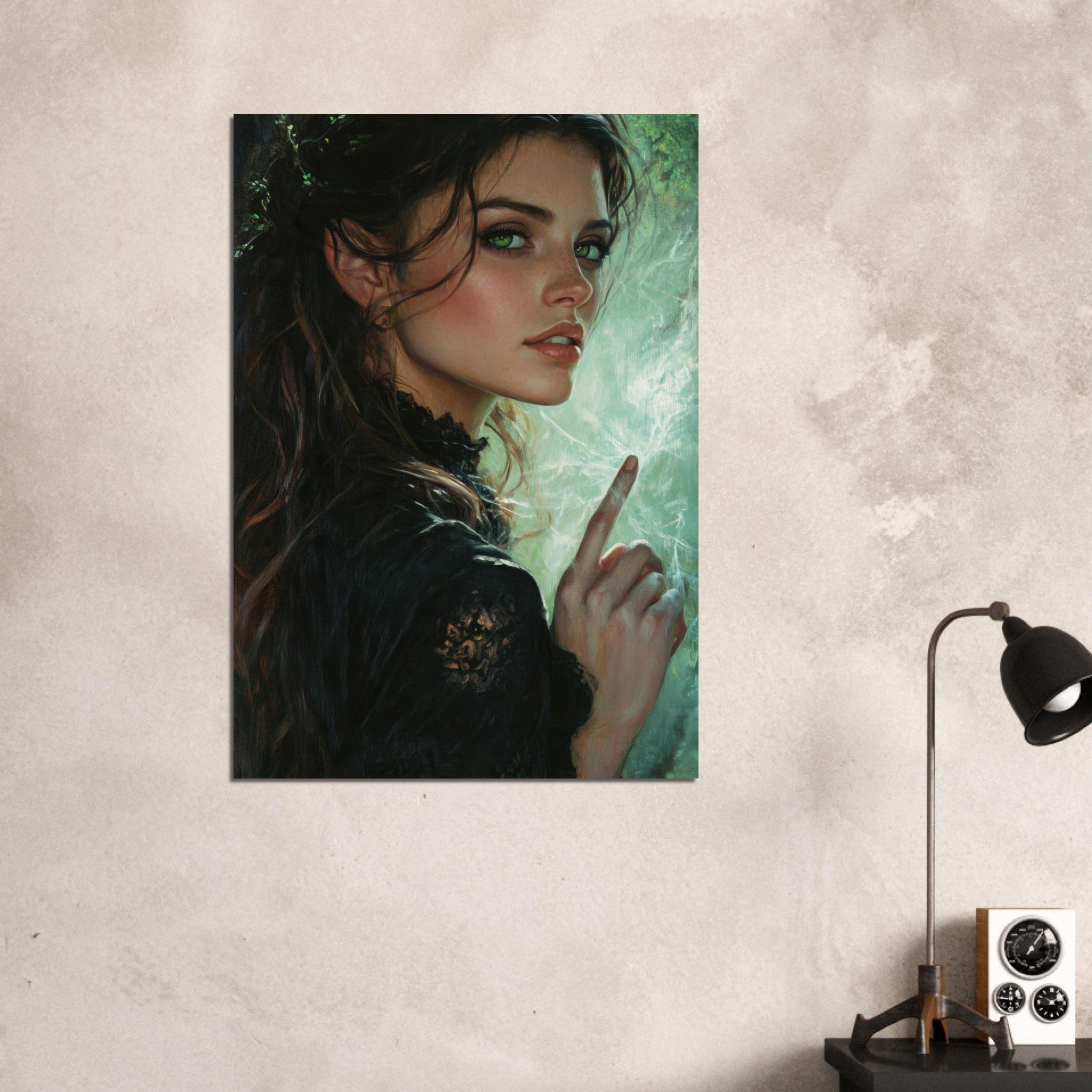 Aluminum Print Portrait - The Fae Sorceress of the Emerald Woods Oil Faint 6 - Ai Art Force