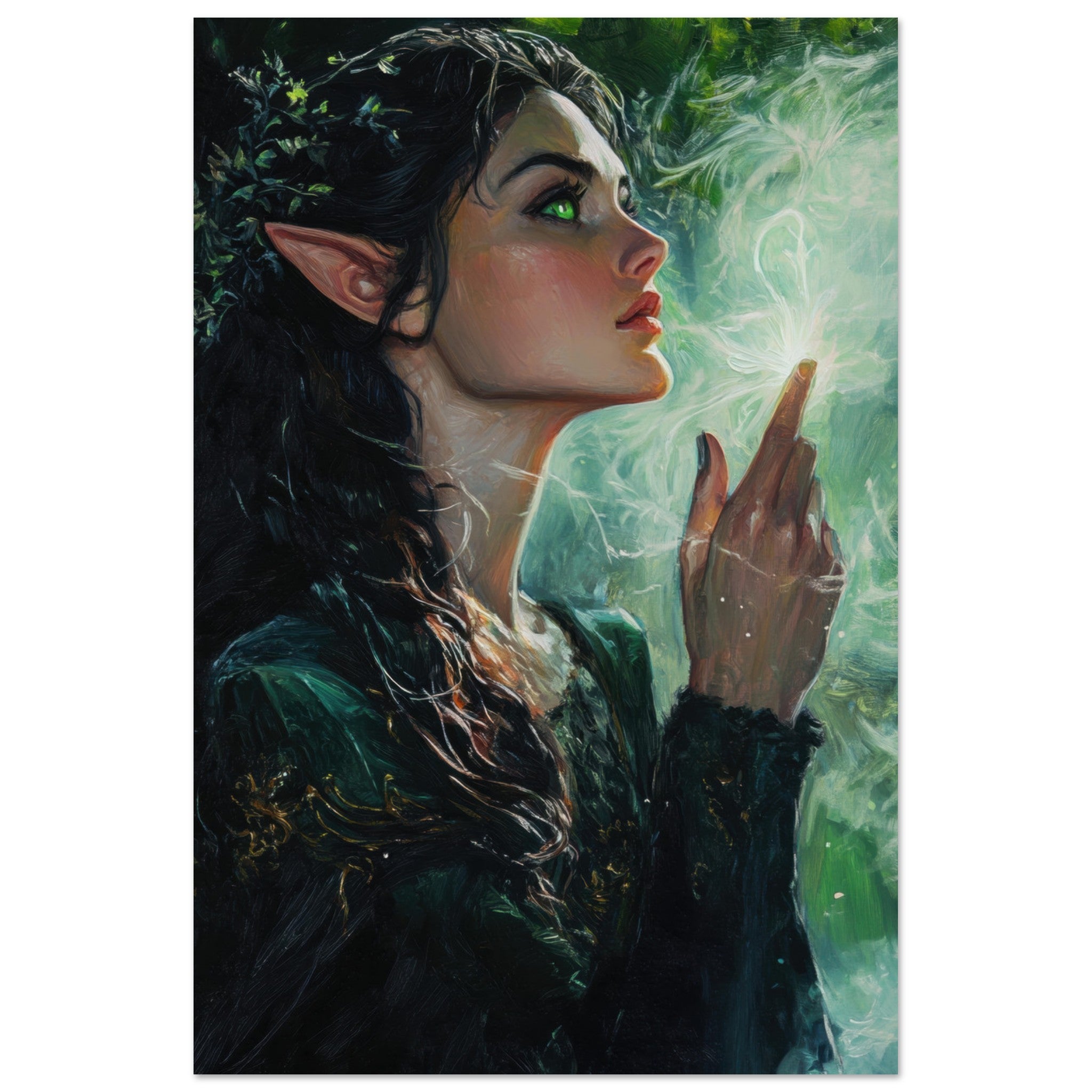 Aluminum Print Portrait - The Fae Sorceress of the Emerald Woods Oil Faint 7 - Shop Ai Art WebShop - Digital Art online Store