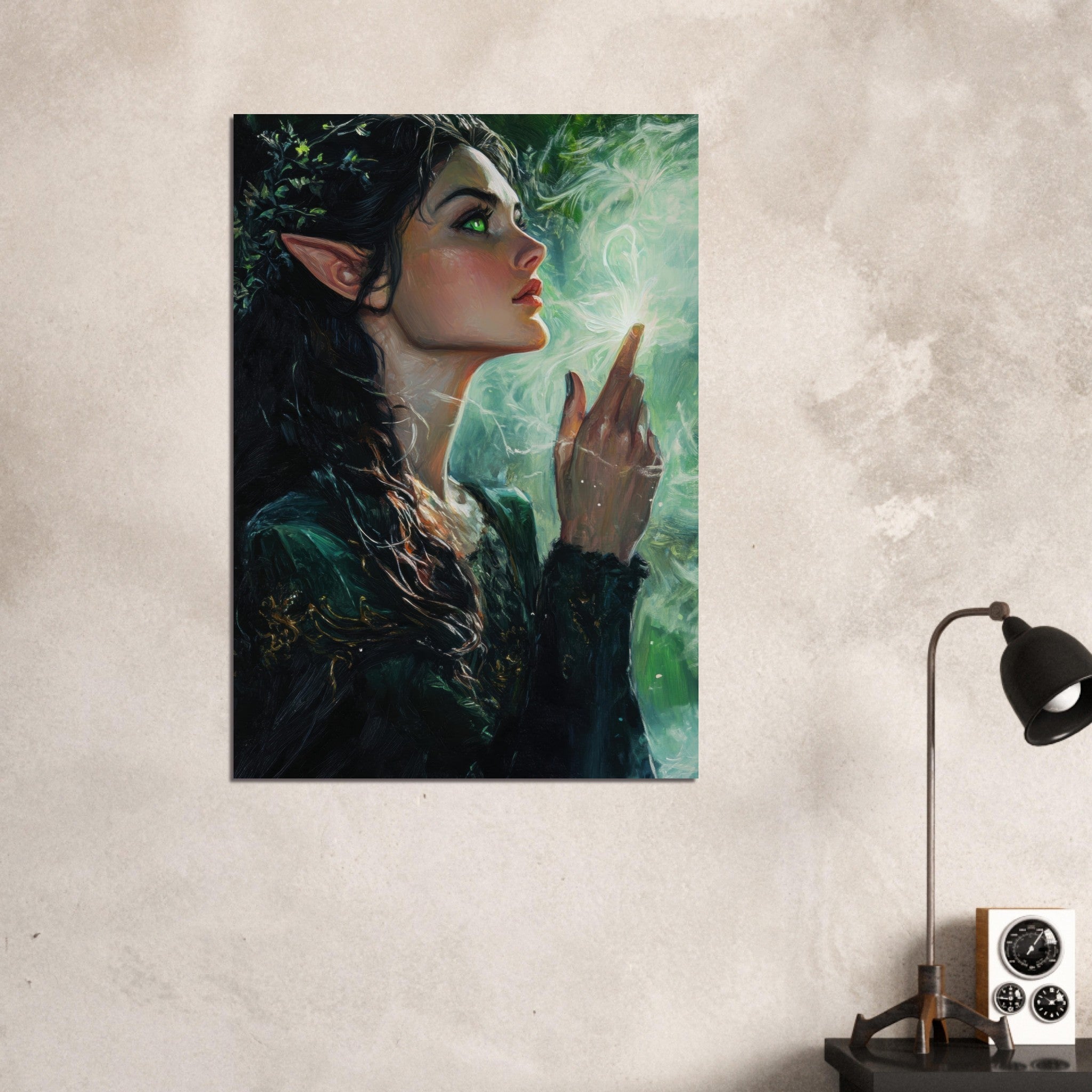 Aluminum Print Portrait - The Fae Sorceress of the Emerald Woods Oil Faint 7 - Shop Ai Art WebShop - Digital Art online Store