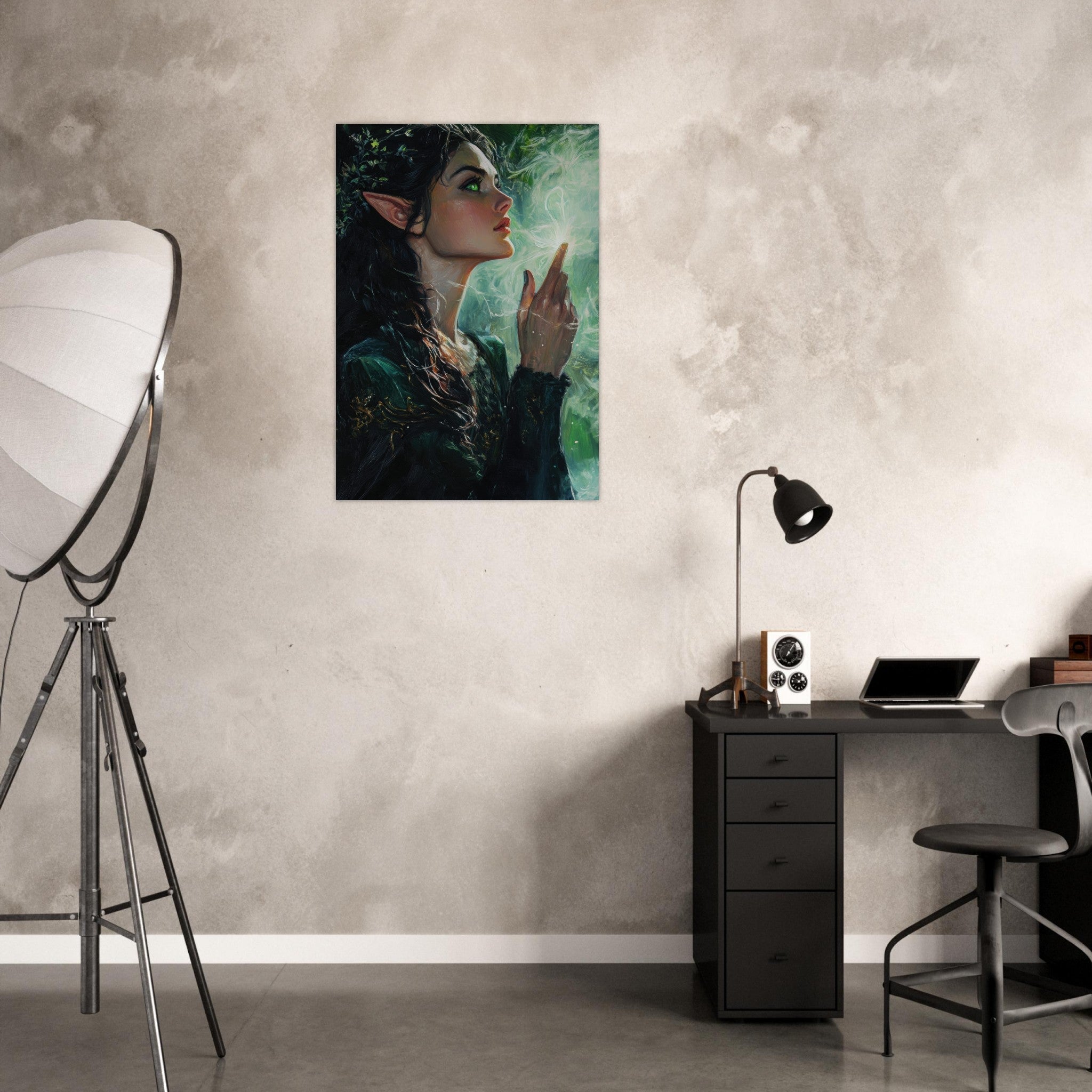 Aluminum Print Portrait - The Fae Sorceress of the Emerald Woods Oil Faint 7 - Shop Ai Art WebShop - Digital Art online Store
