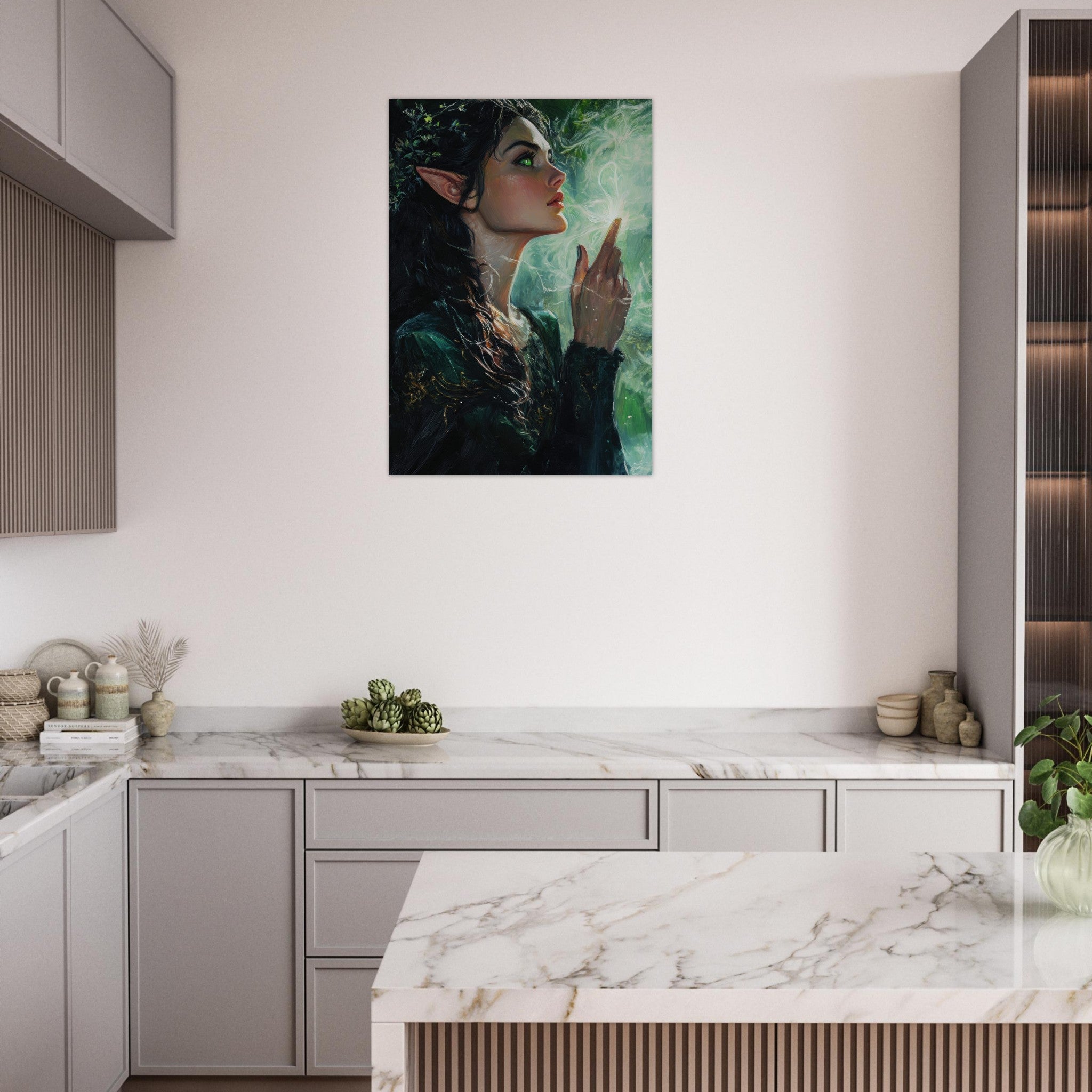 Aluminum Print Portrait - The Fae Sorceress of the Emerald Woods Oil Faint 7 - Shop Ai Art WebShop - Digital Art online Store