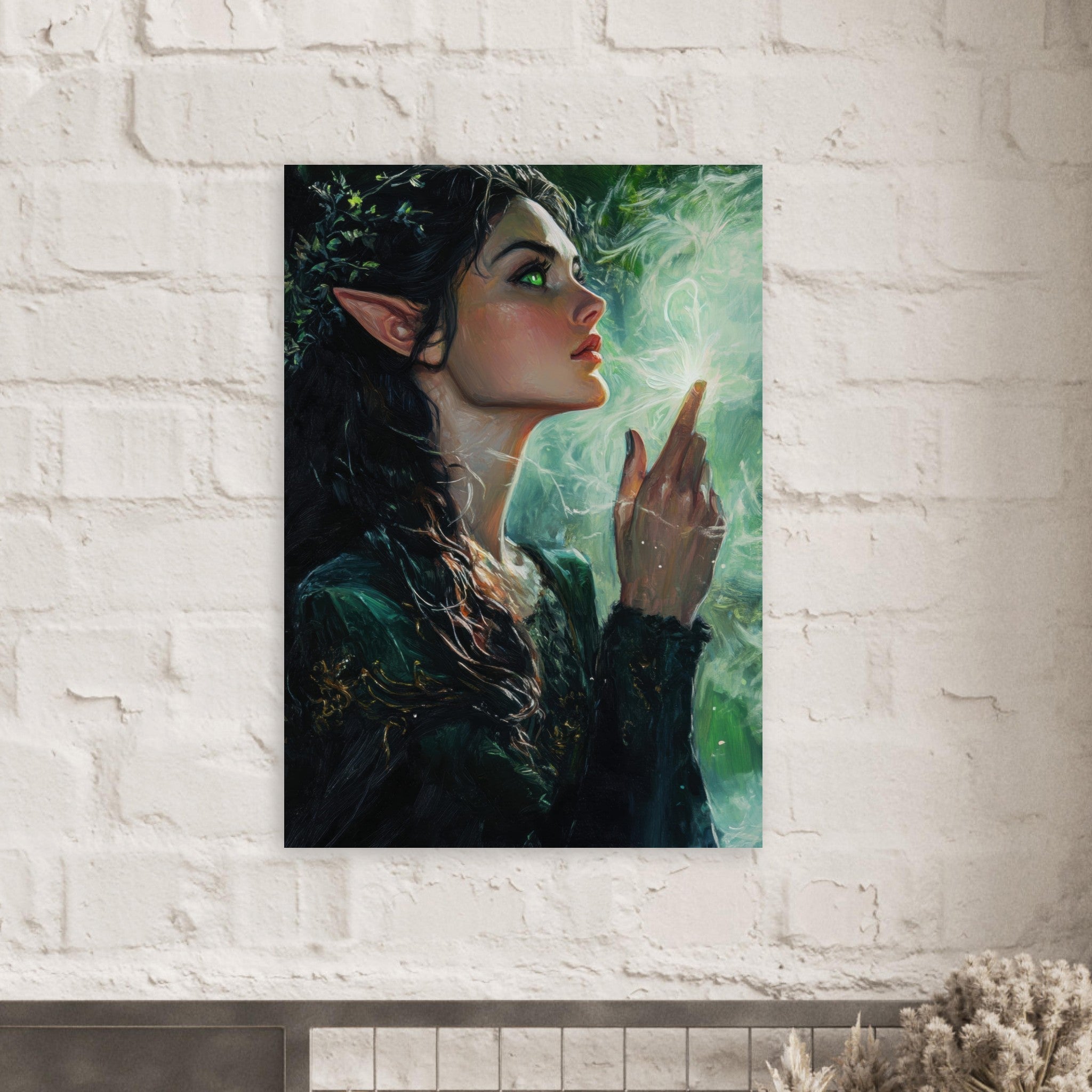 Aluminum Print Portrait - The Fae Sorceress of the Emerald Woods Oil Faint 7 - Shop Ai Art WebShop - Digital Art online Store