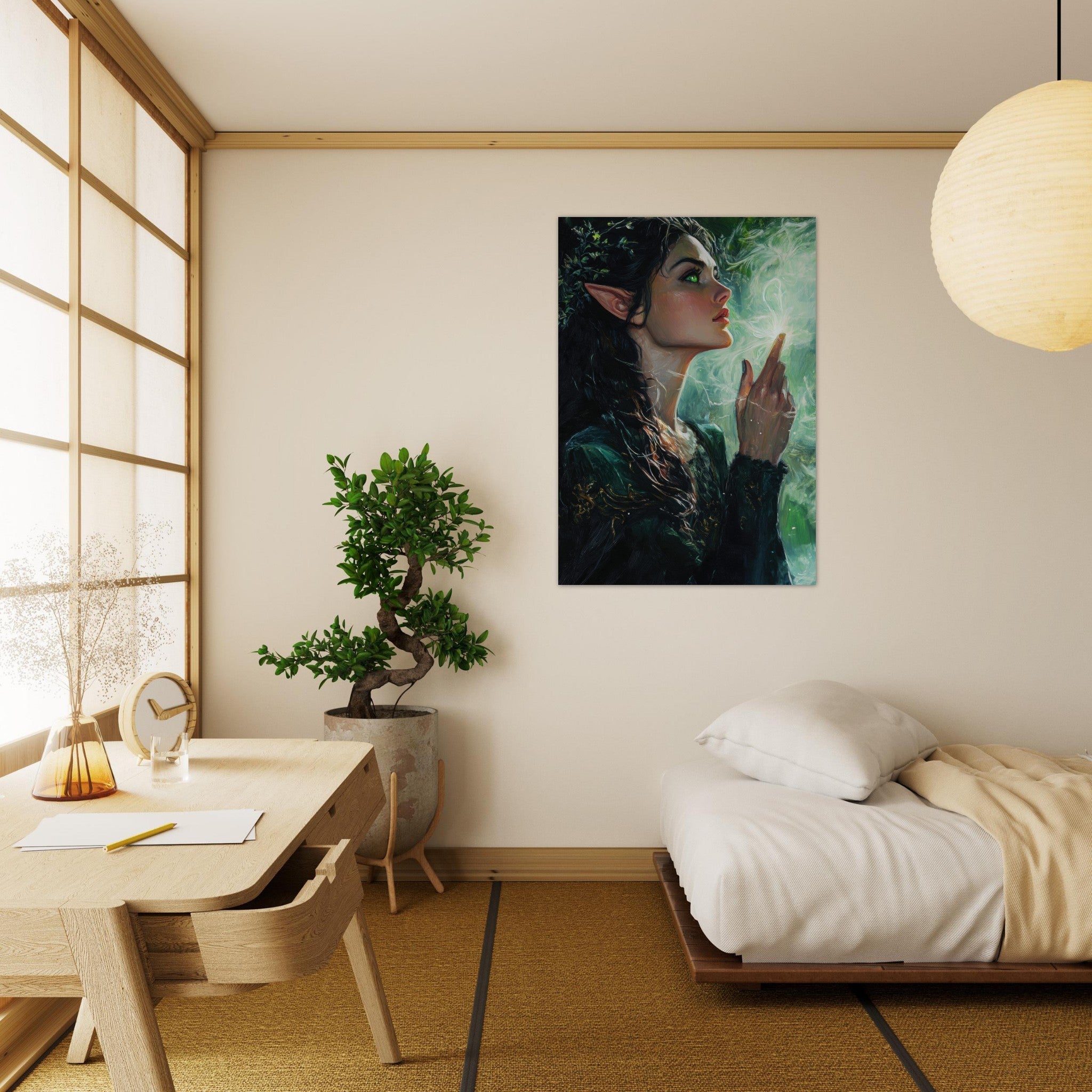 Aluminum Print Portrait - The Fae Sorceress of the Emerald Woods Oil Faint 7 - Shop Ai Art WebShop - Digital Art online Store