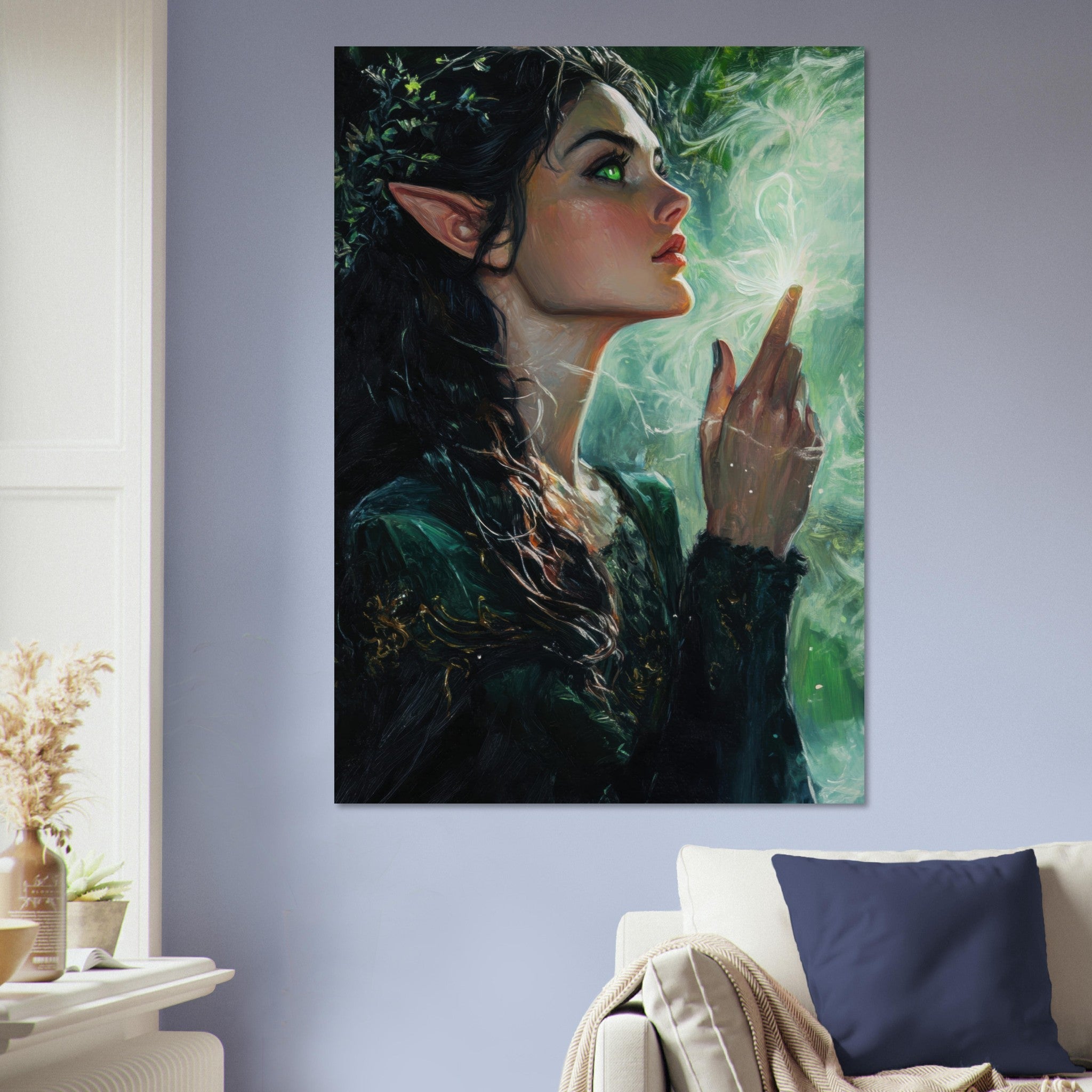Aluminum Print Portrait - The Fae Sorceress of the Emerald Woods Oil Faint 7 - Shop Ai Art WebShop - Digital Art online Store