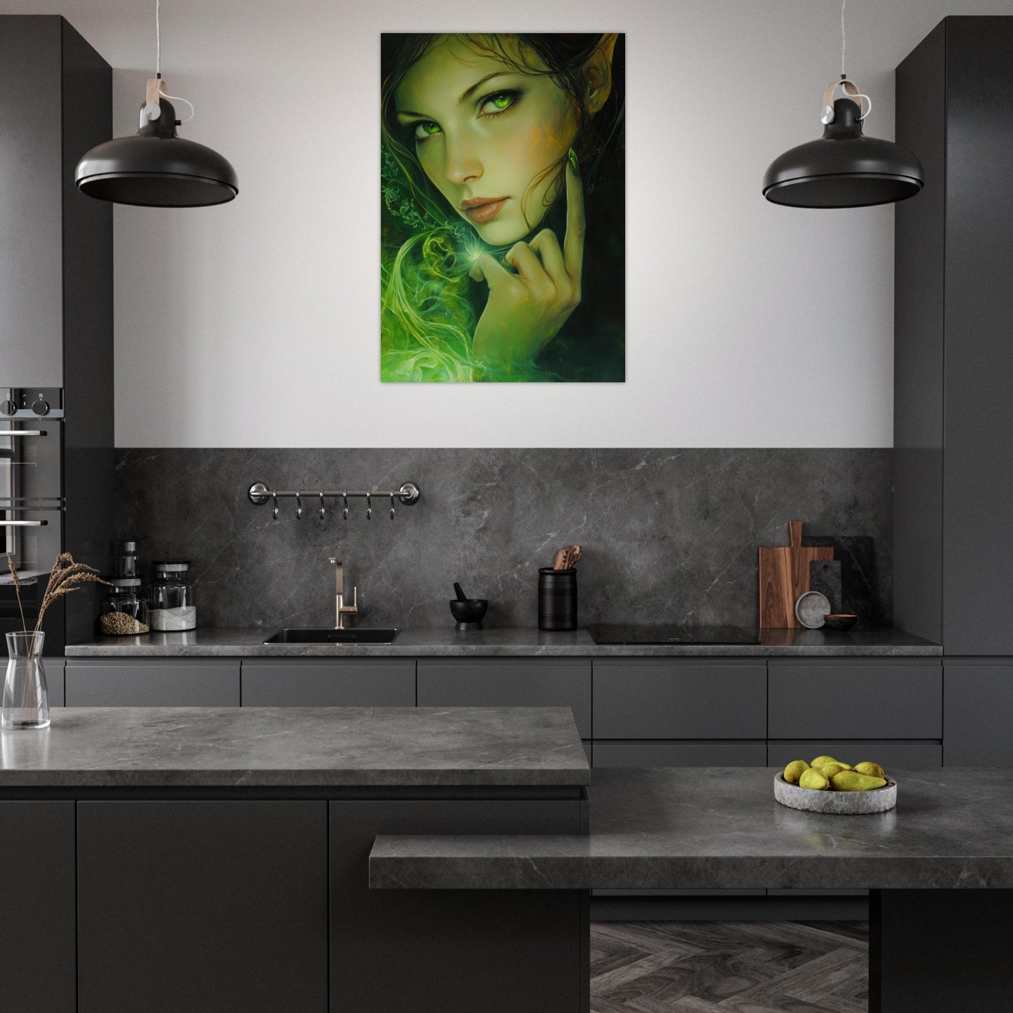 Aluminum Print Portrait - The Fae Sorceress of the Emerald Woods Oil Faint - Shop Ai Art WebShop - Digital Art online Store