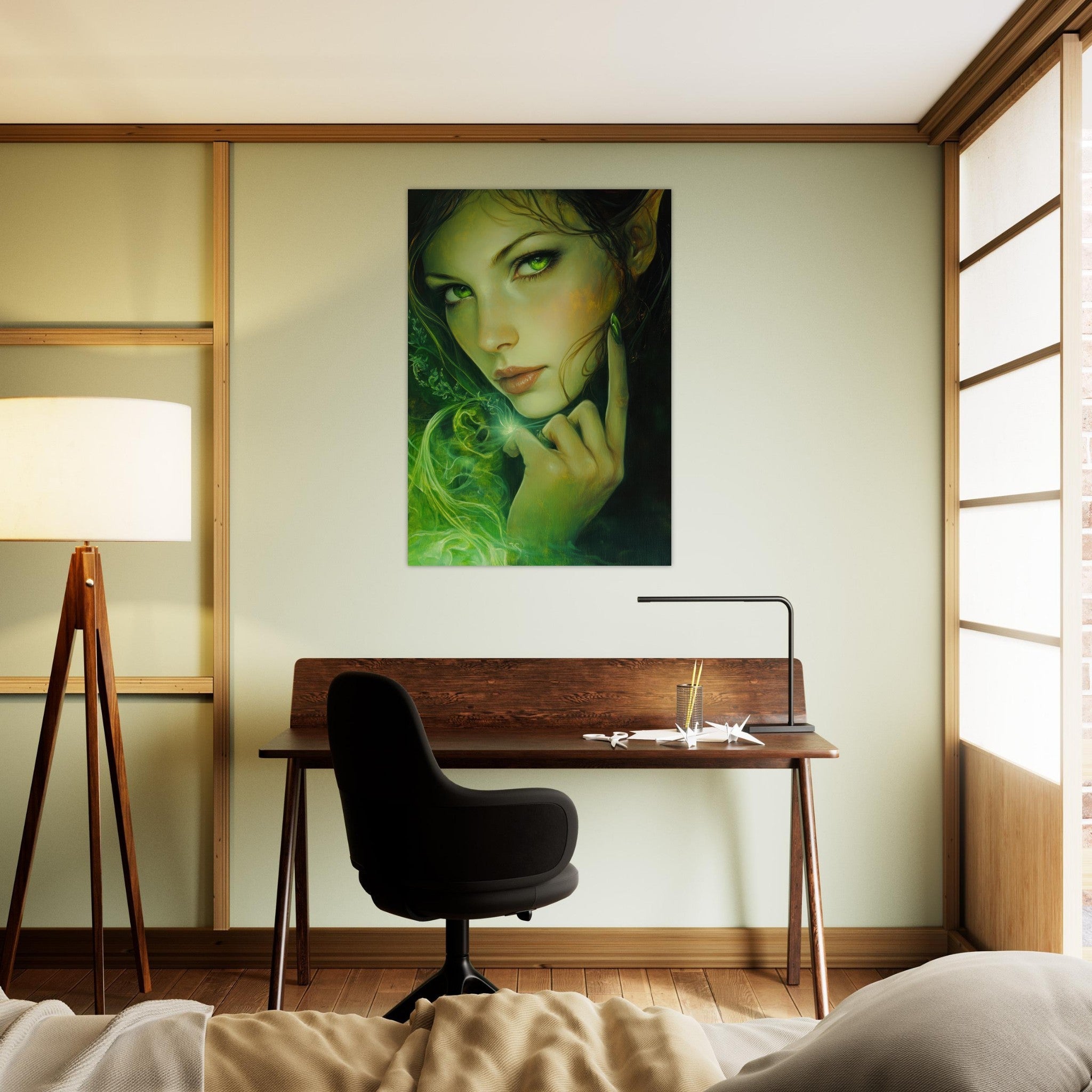 Aluminum Print Portrait - The Fae Sorceress of the Emerald Woods Oil Faint - Shop Ai Art WebShop - Digital Art online Store