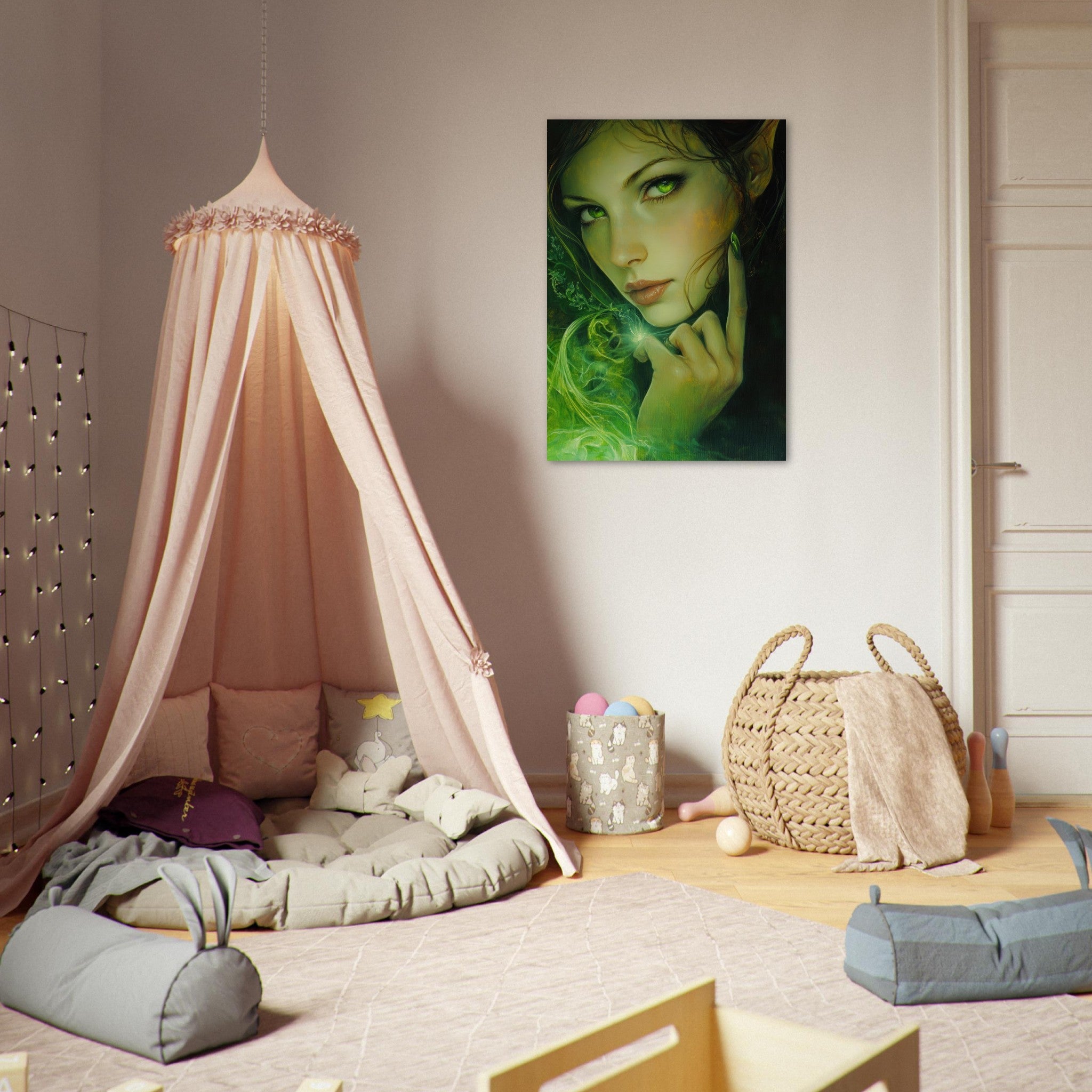 Aluminum Print Portrait - The Fae Sorceress of the Emerald Woods Oil Faint - Shop Ai Art WebShop - Digital Art online Store