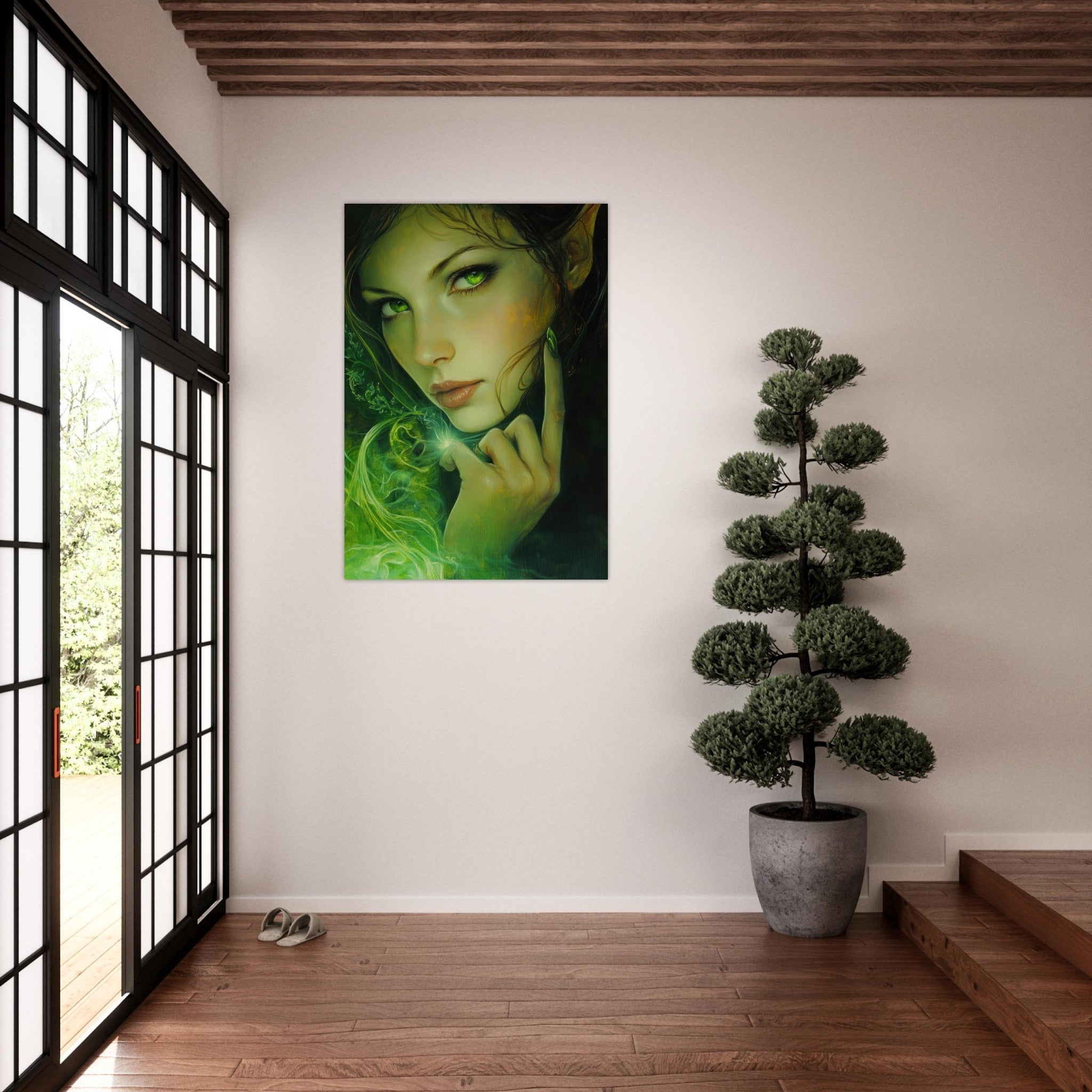 Aluminum Print Portrait - The Fae Sorceress of the Emerald Woods Oil Faint - Shop Ai Art WebShop - Digital Art online Store