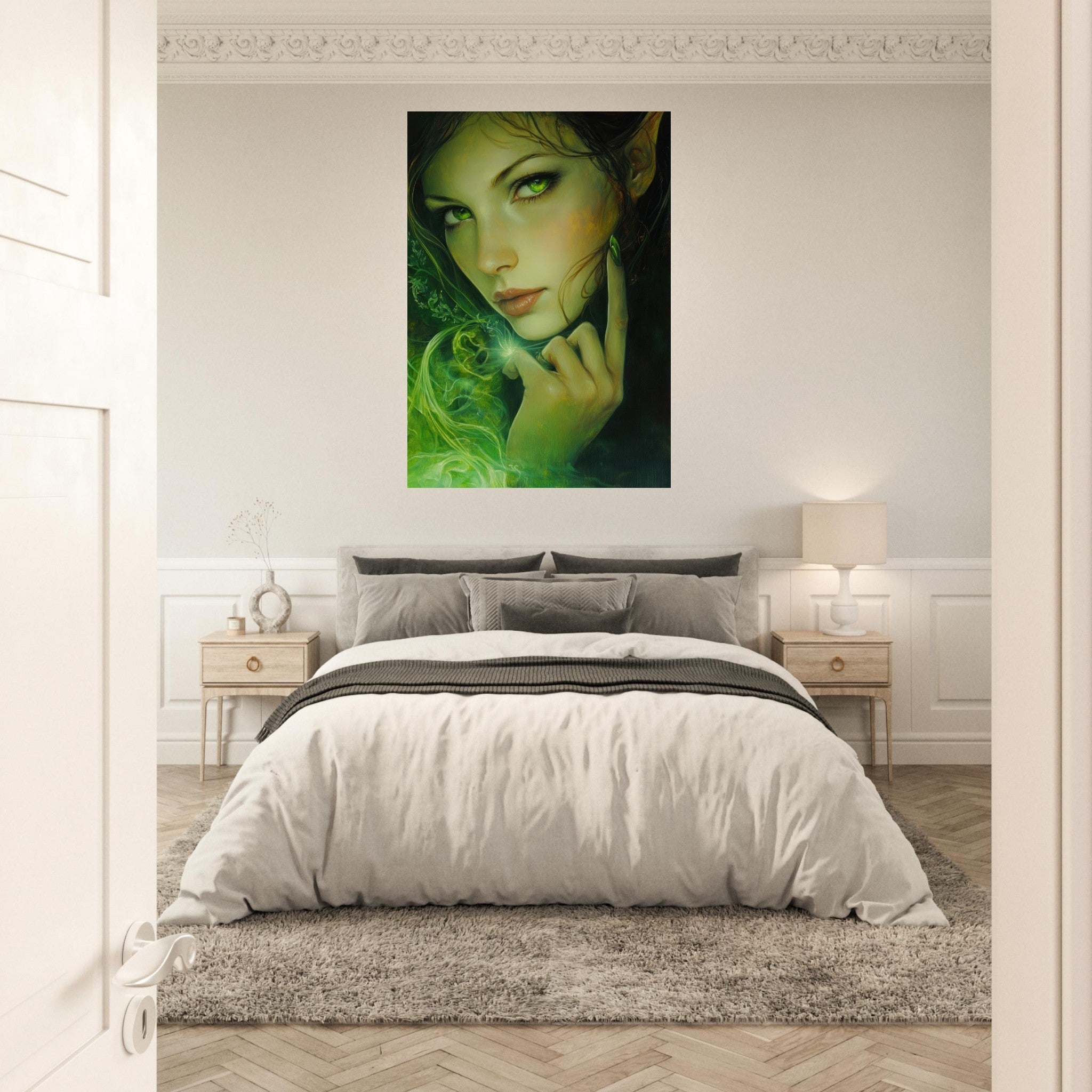 Aluminum Print Portrait - The Fae Sorceress of the Emerald Woods Oil Faint - Shop Ai Art WebShop - Digital Art online Store