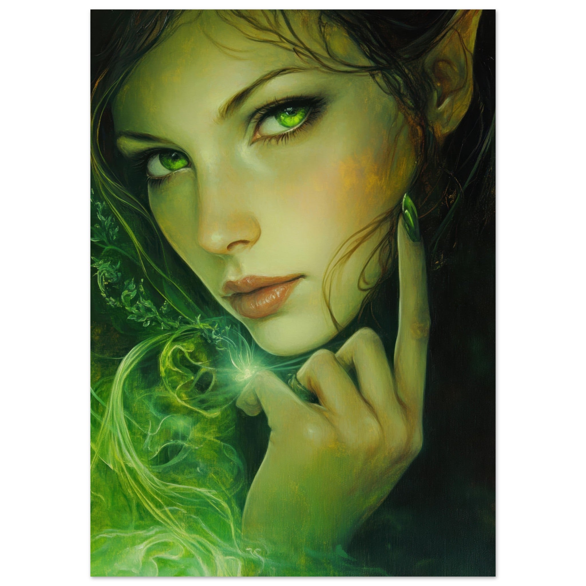 Aluminum Print Portrait - The Fae Sorceress of the Emerald Woods Oil Faint - Shop Ai Art WebShop - Digital Art online Store