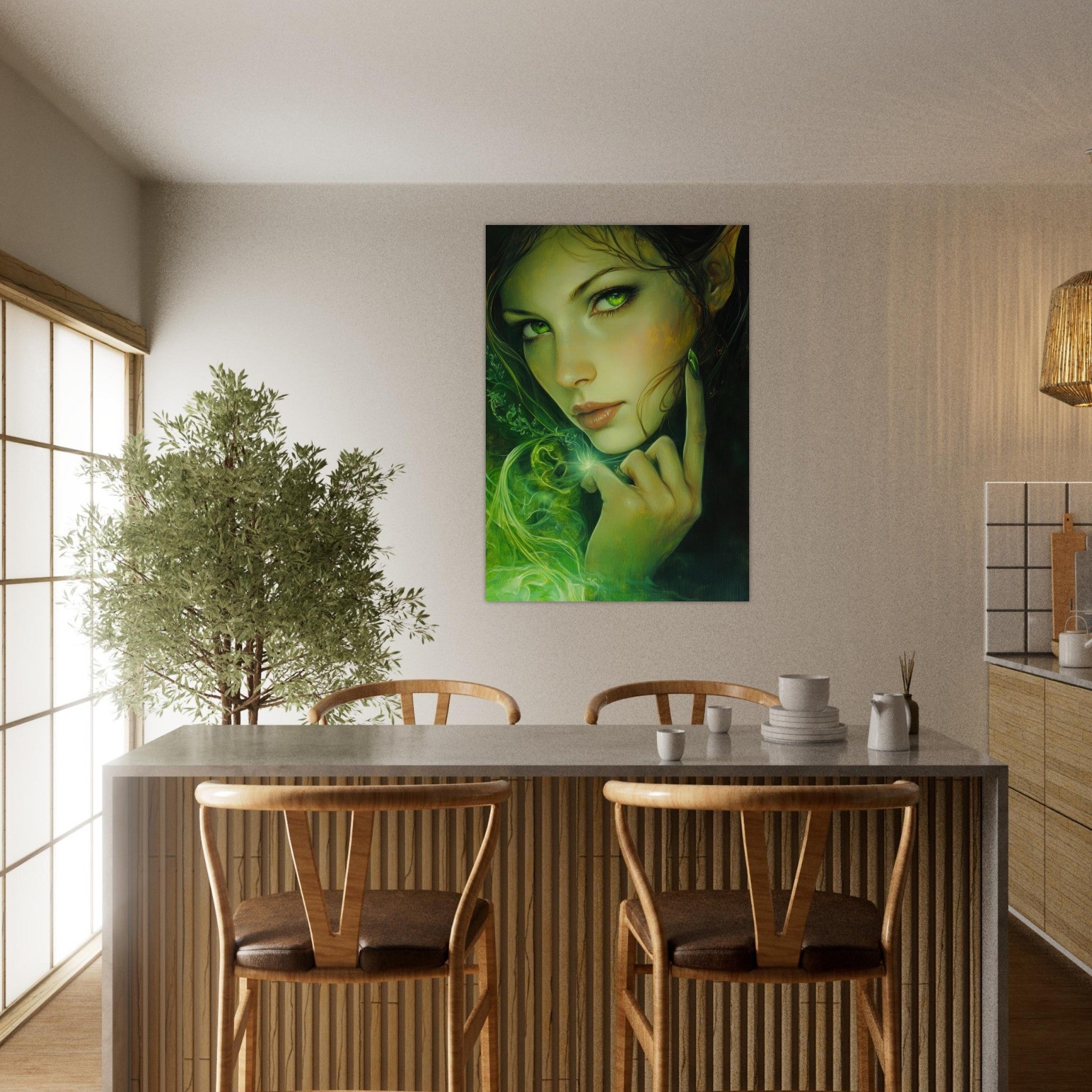 Aluminum Print Portrait - The Fae Sorceress of the Emerald Woods Oil Faint - Shop Ai Art WebShop - Digital Art online Store