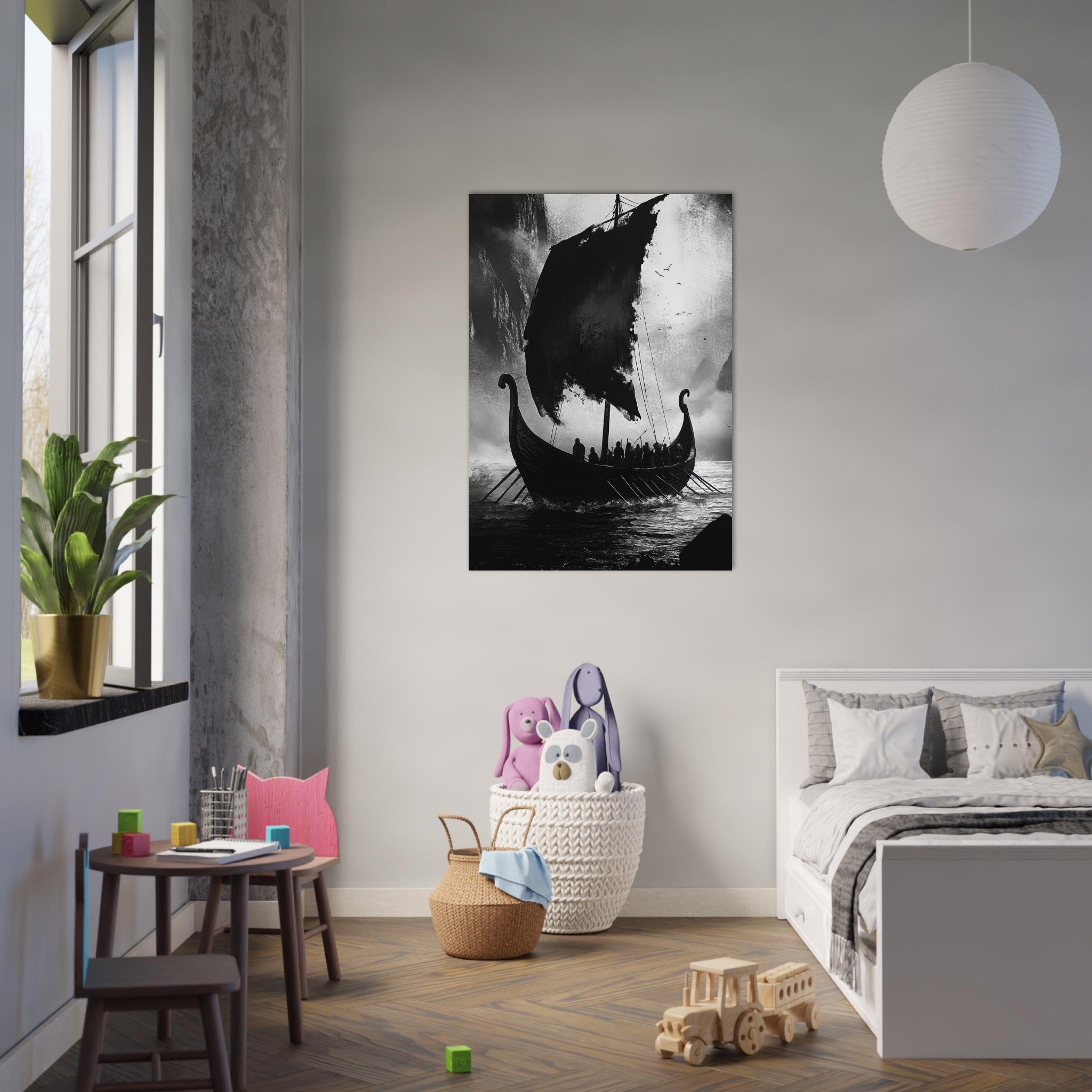 Aluminum Print Portrait - The Ghostly Viking Longship Dark Nordic Ink Met - Shop Ai Art WebShop - Digital Art online Store