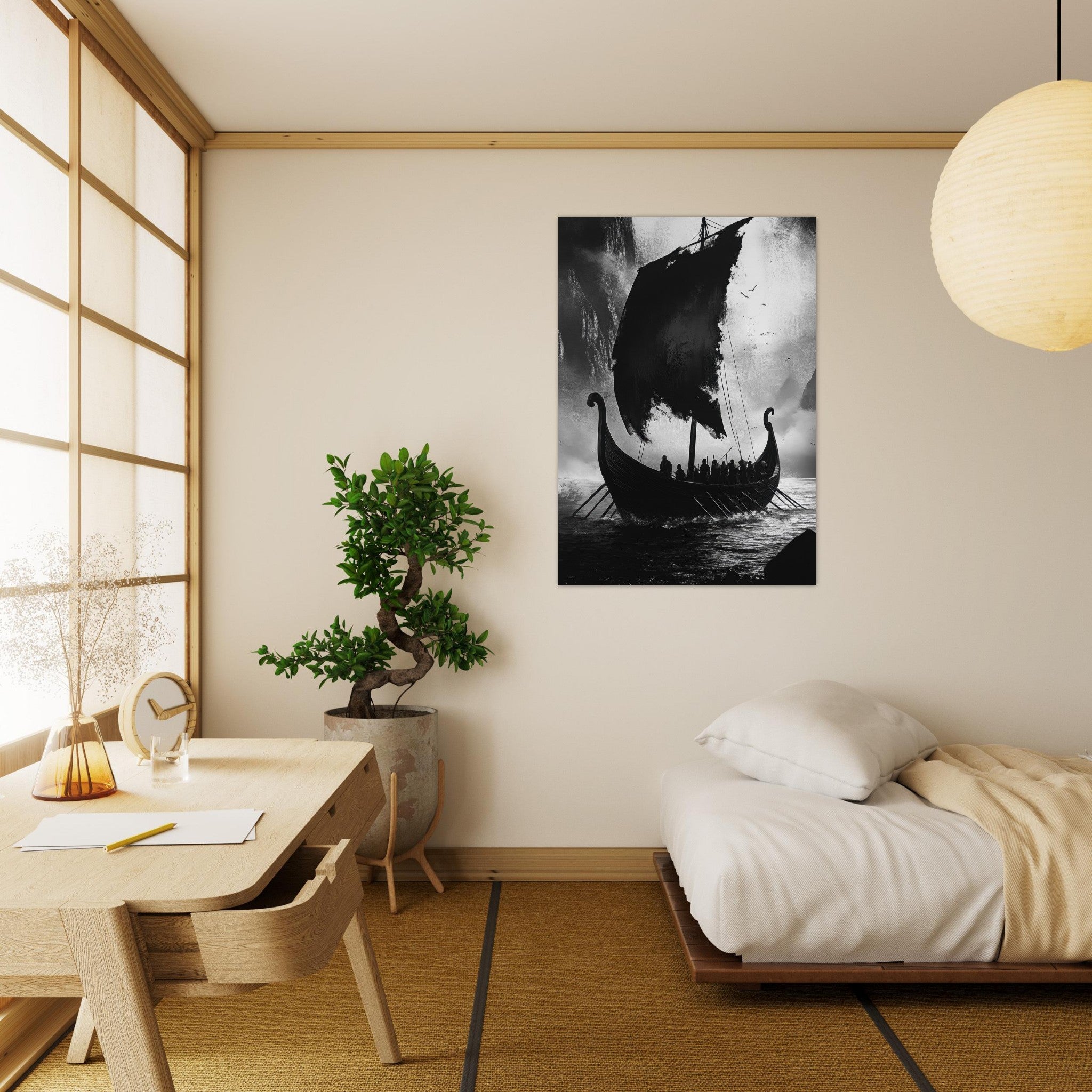 Aluminum Print Portrait - The Ghostly Viking Longship Dark Nordic Ink Met - Shop Ai Art WebShop - Digital Art online Store