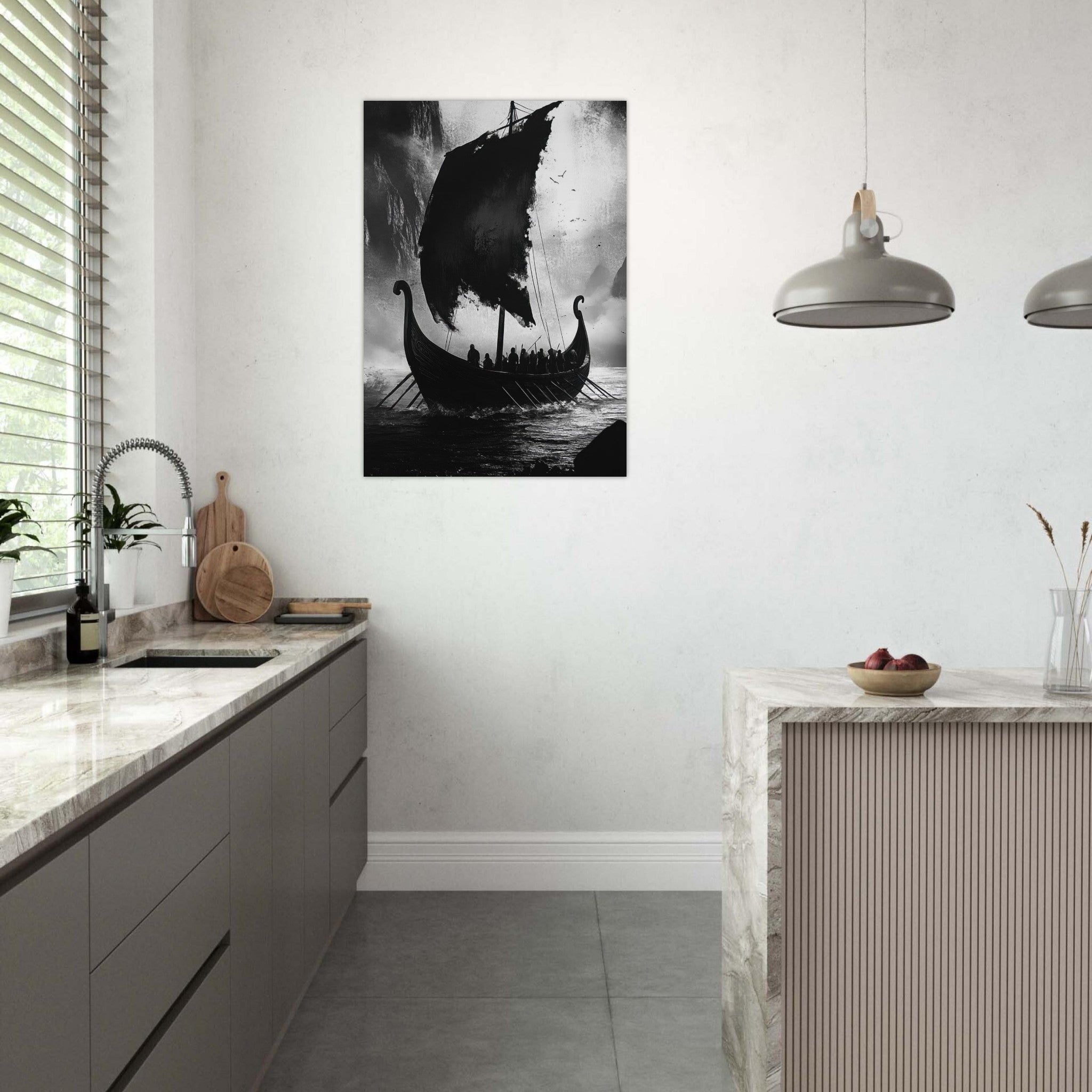 Aluminum Print Portrait - The Ghostly Viking Longship Dark Nordic Ink Met - Shop Ai Art WebShop - Digital Art online Store
