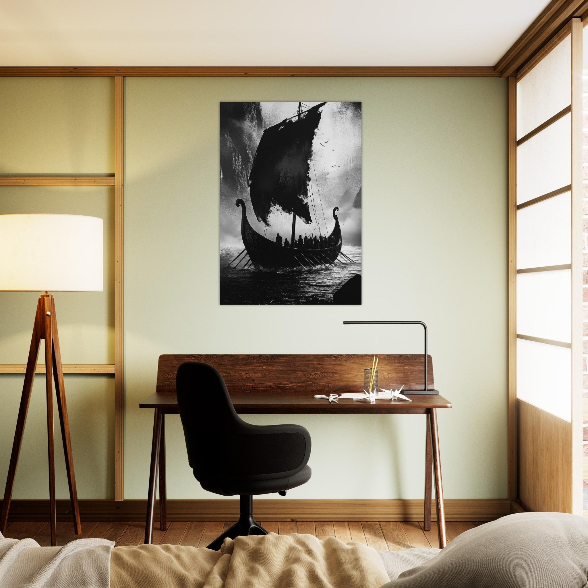 Aluminum Print Portrait - The Ghostly Viking Longship Dark Nordic Ink Met - Shop Ai Art WebShop - Digital Art online Store