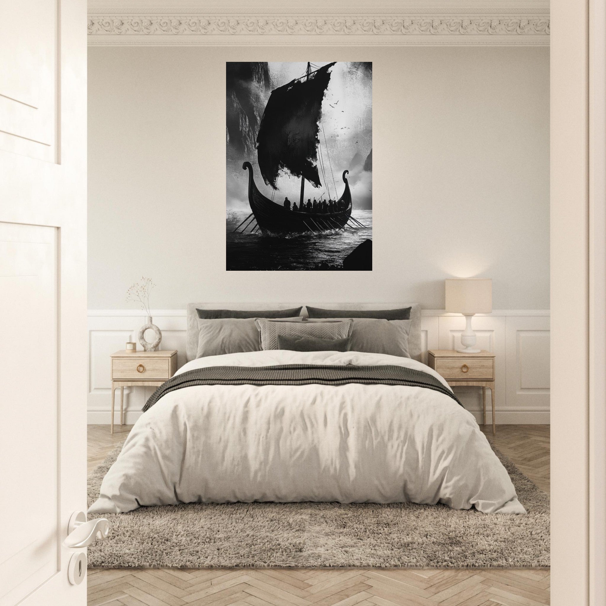 Aluminum Print Portrait - The Ghostly Viking Longship Dark Nordic Ink Met - Shop Ai Art WebShop - Digital Art online Store