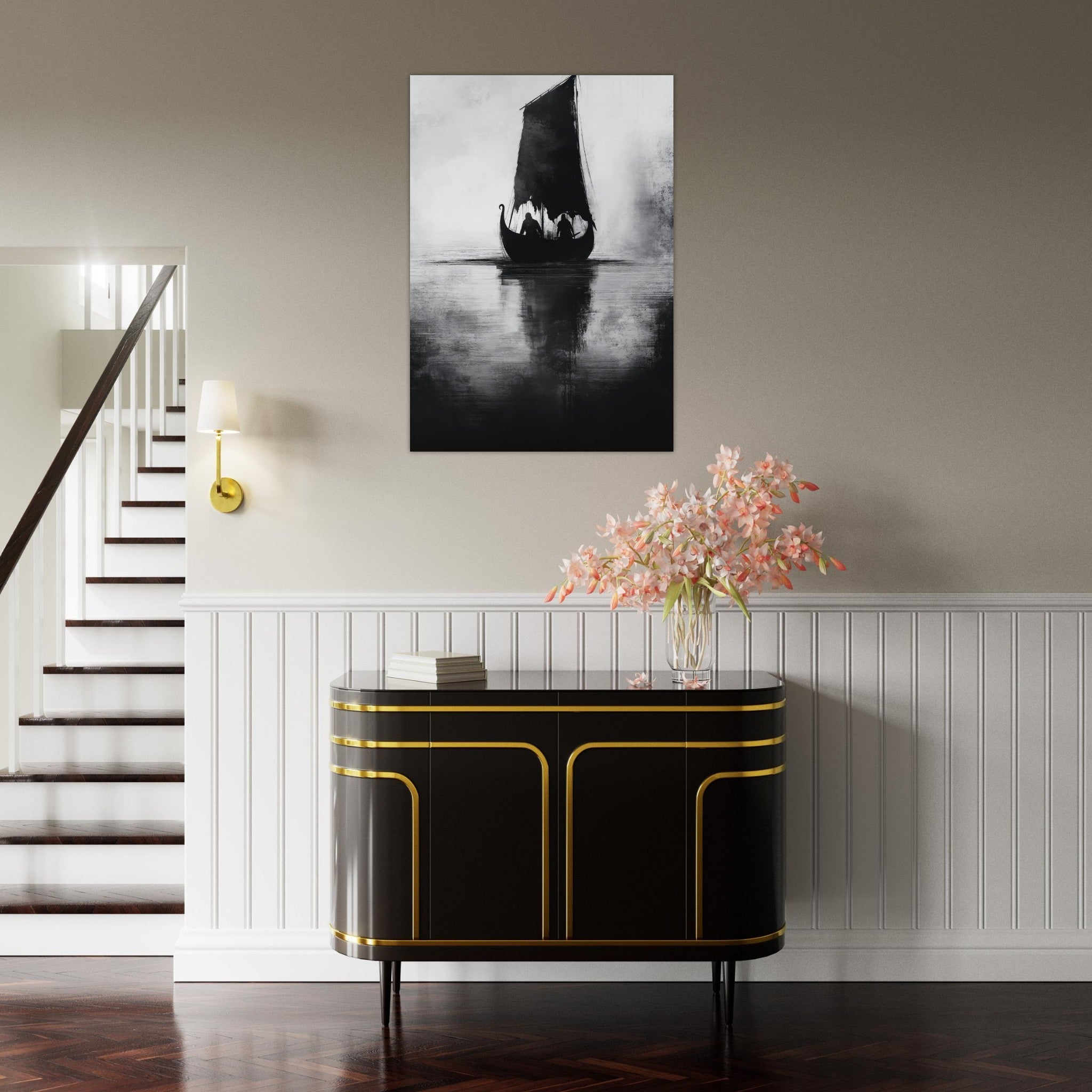 Aluminum Print Portrait - The Ghostly Viking Longship Dark Nordic Ink Met 4 - Shop Ai Art WebShop - Digital Art online Store