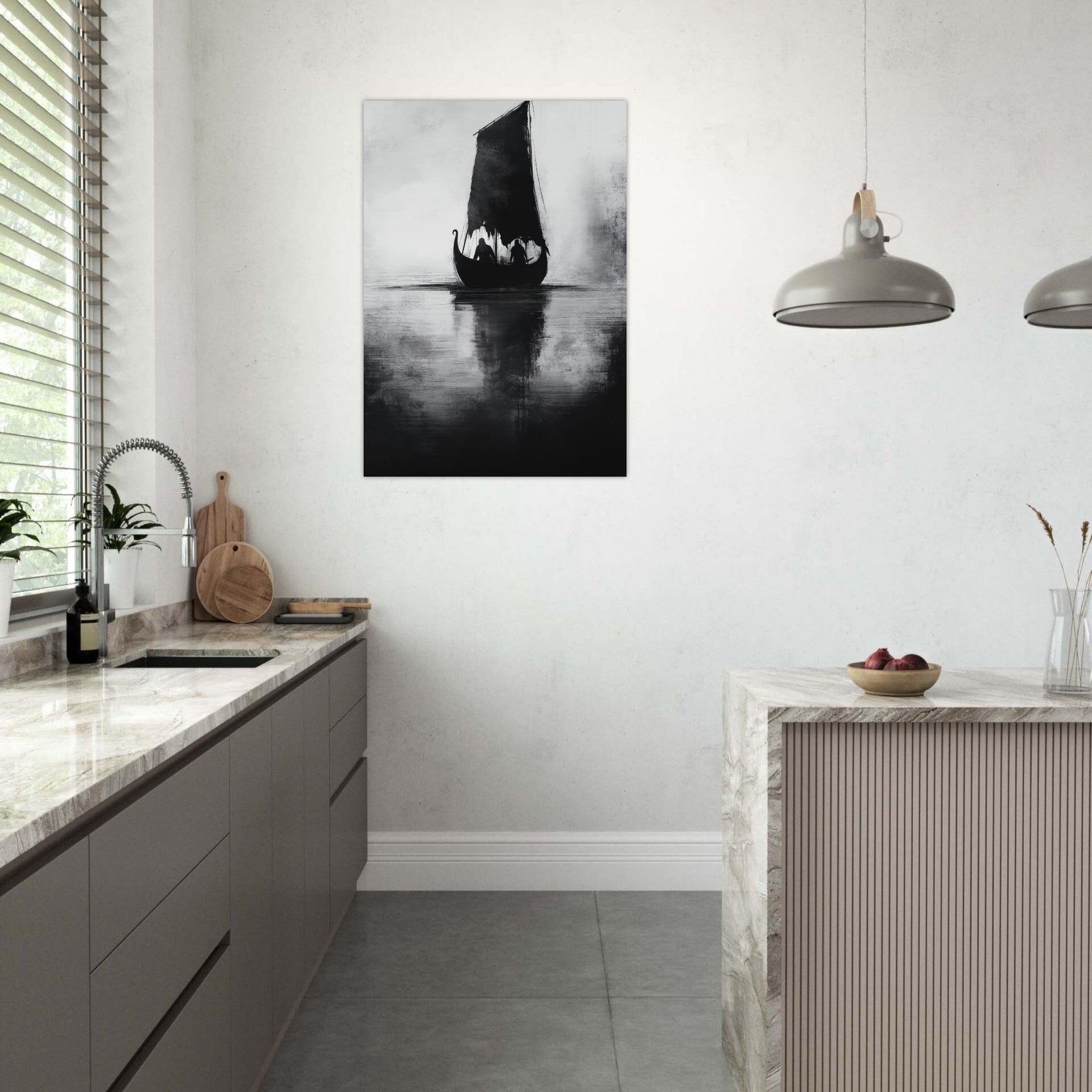 Aluminum Print Portrait - The Ghostly Viking Longship Dark Nordic Ink Met 4 - Shop Ai Art WebShop - Digital Art online Store