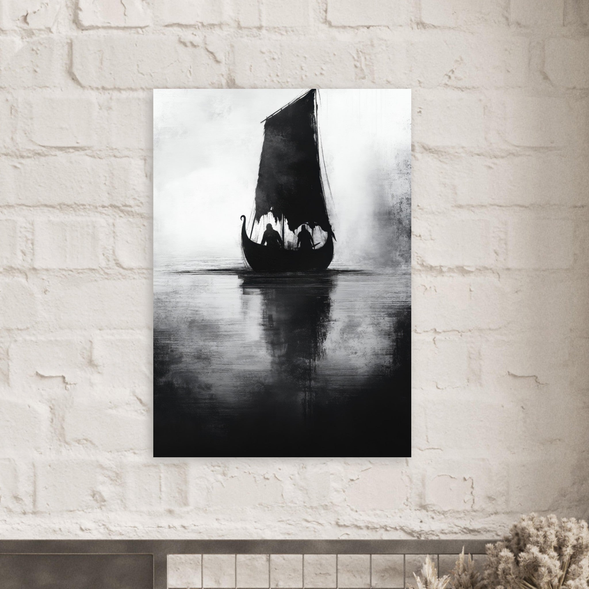 Aluminum Print Portrait - The Ghostly Viking Longship Dark Nordic Ink Met 4 - Shop Ai Art WebShop - Digital Art online Store