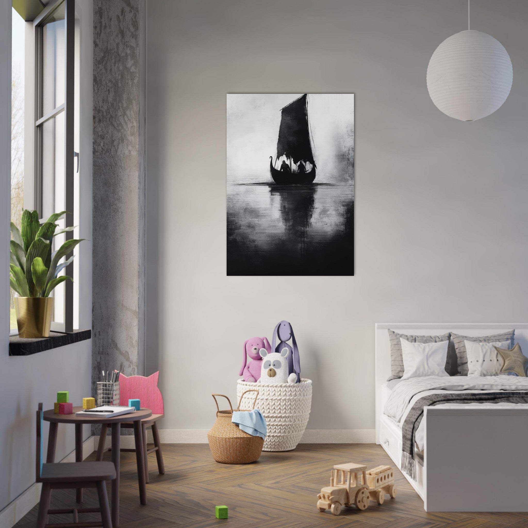 Aluminum Print Portrait - The Ghostly Viking Longship Dark Nordic Ink Met 4 - Shop Ai Art WebShop - Digital Art online Store