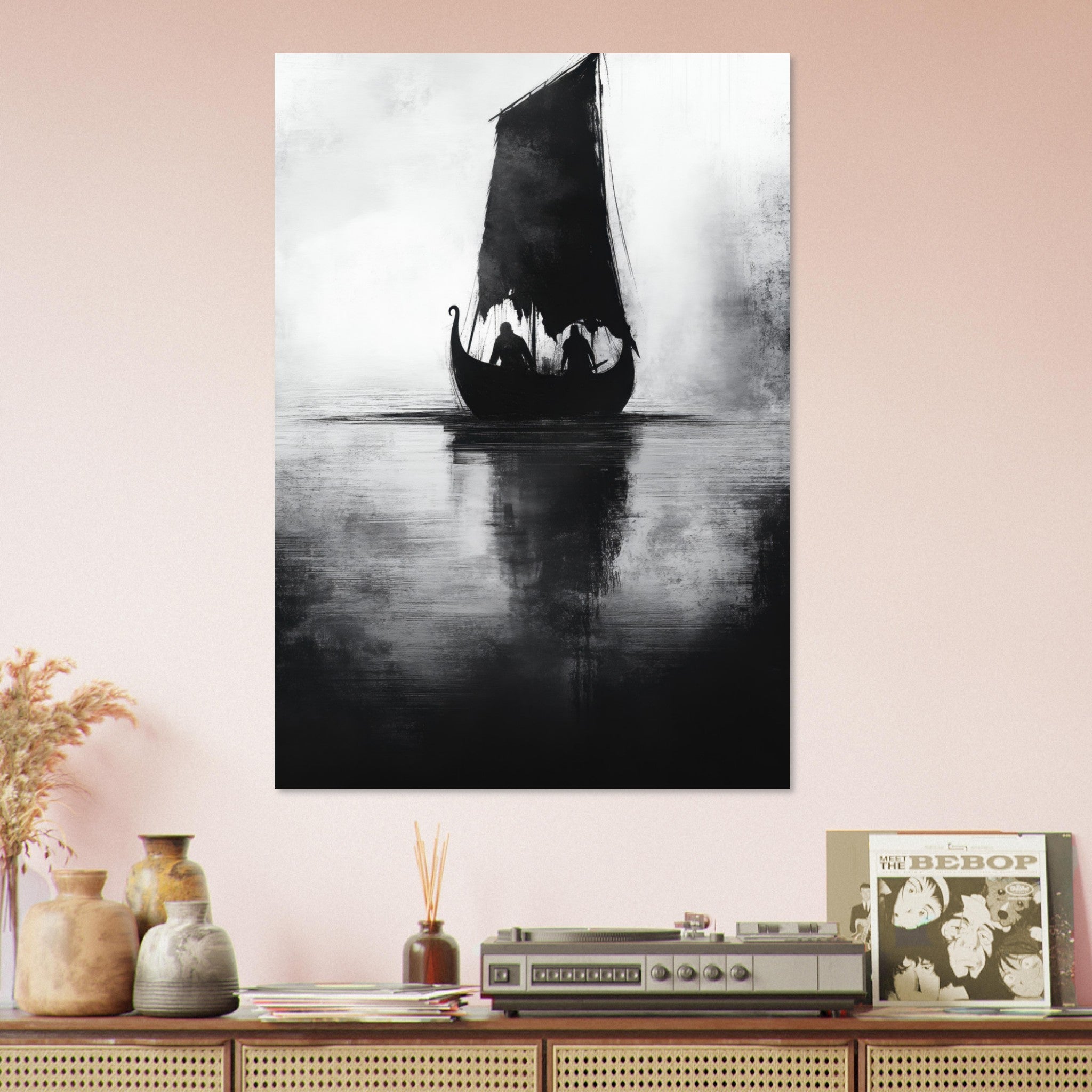 Aluminum Print Portrait - The Ghostly Viking Longship Dark Nordic Ink Met 4 - Shop Ai Art WebShop - Digital Art online Store