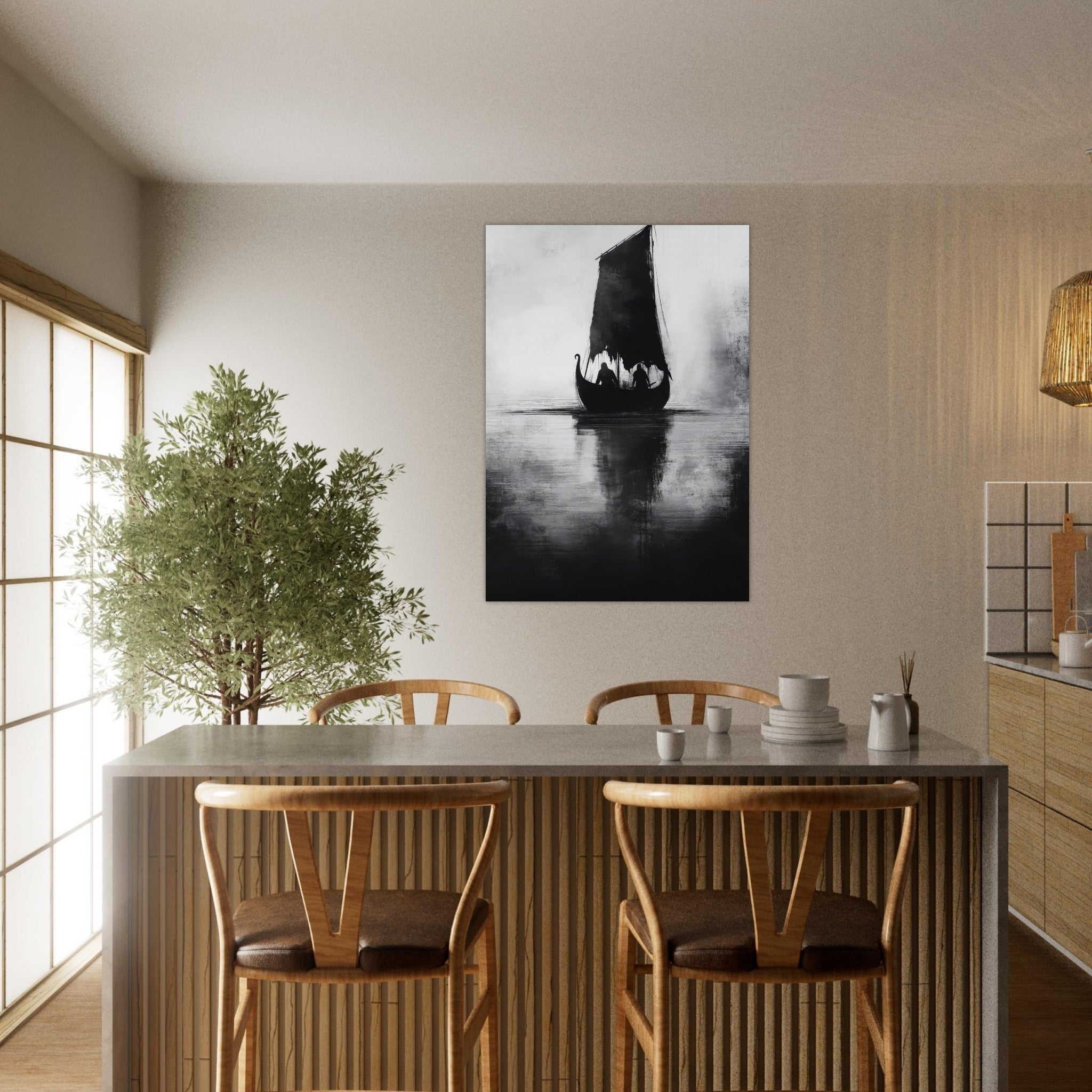 Aluminum Print Portrait - The Ghostly Viking Longship Dark Nordic Ink Met 4 - Shop Ai Art WebShop - Digital Art online Store