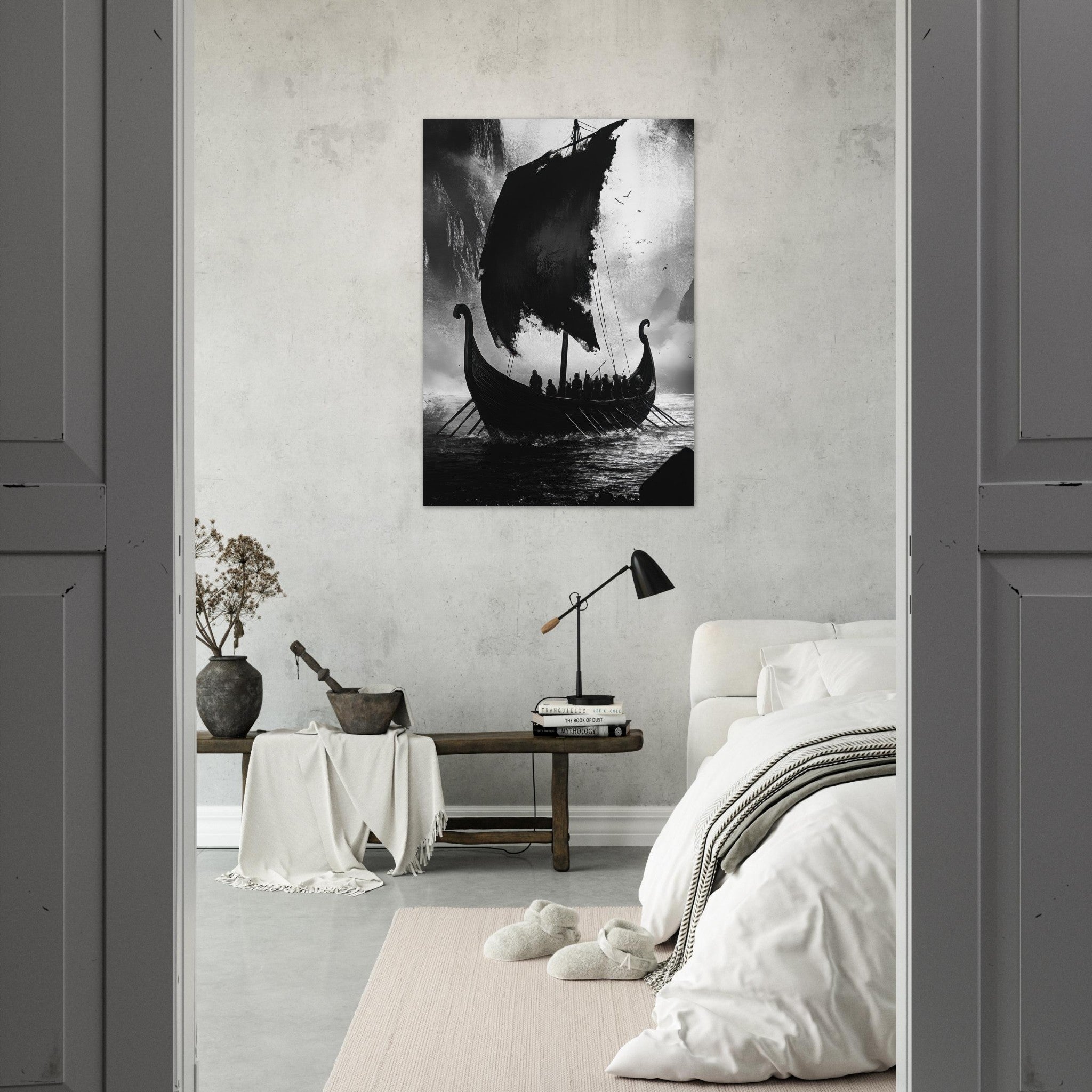 Aluminum Print Portrait - The Ghostly Viking Longship Dark Nordic Ink Met - Shop Ai Art WebShop - Digital Art online Store