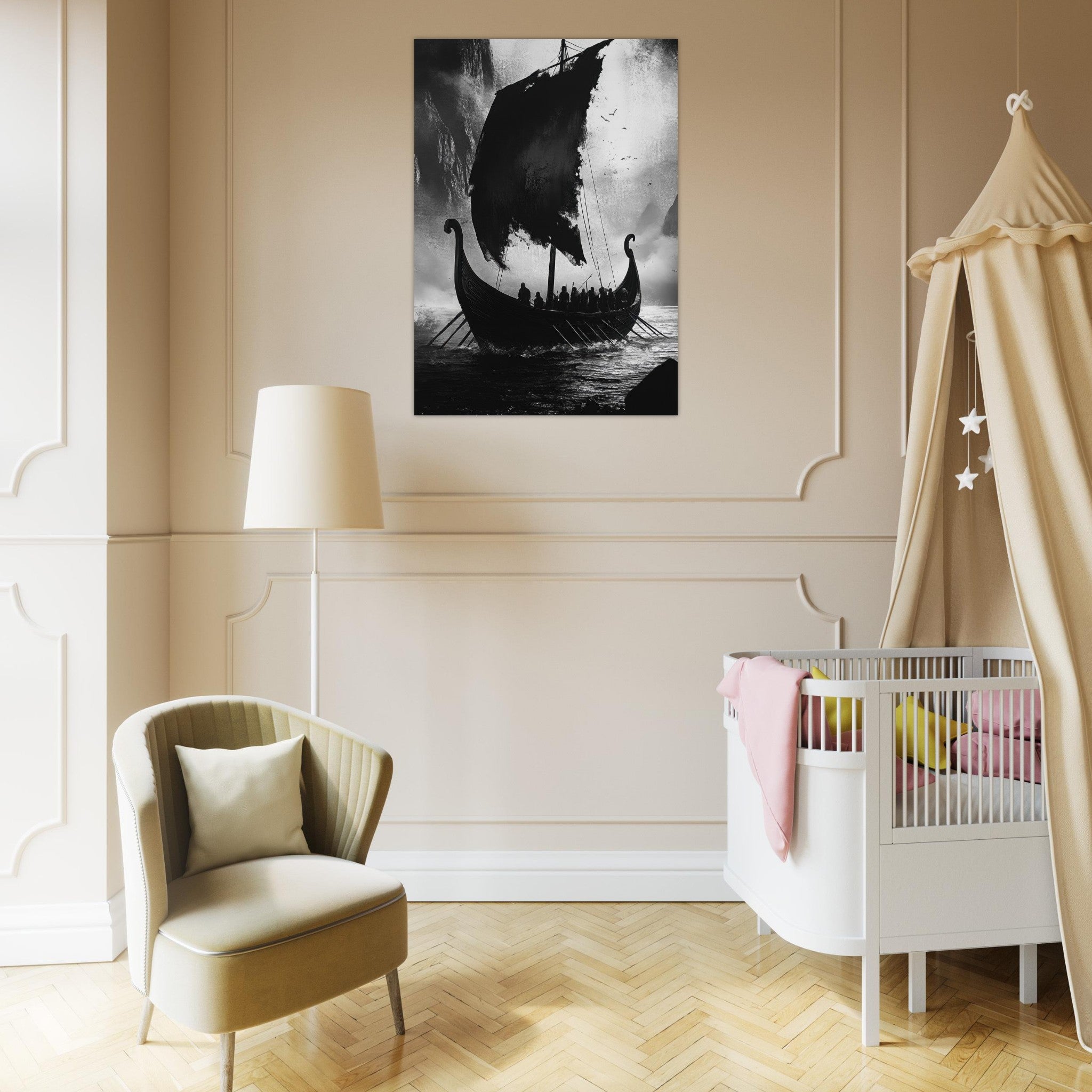Aluminum Print Portrait - The Ghostly Viking Longship Dark Nordic Ink Met - Shop Ai Art WebShop - Digital Art online Store