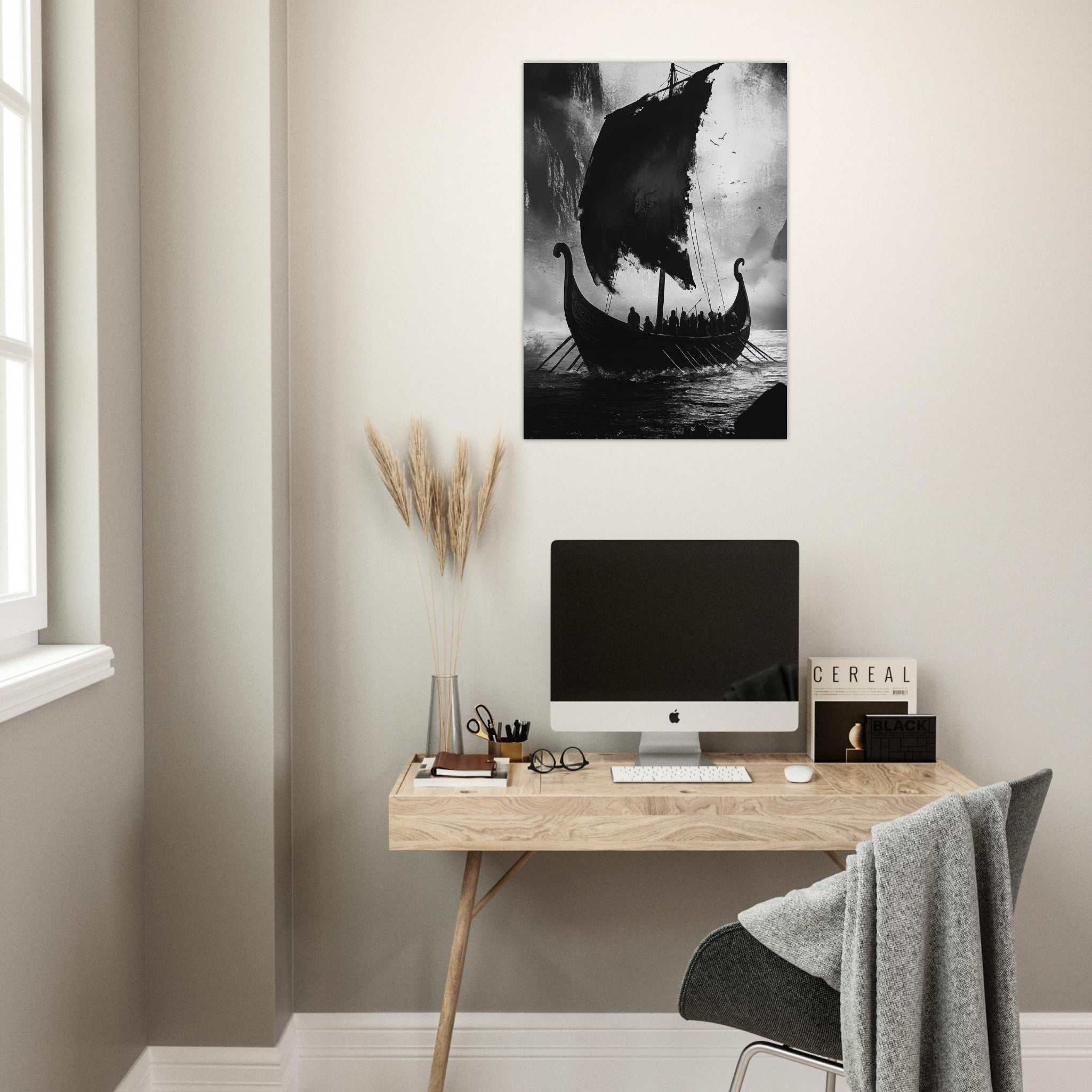 Aluminum Print Portrait - The Ghostly Viking Longship Dark Nordic Ink Met - Shop Ai Art WebShop - Digital Art online Store