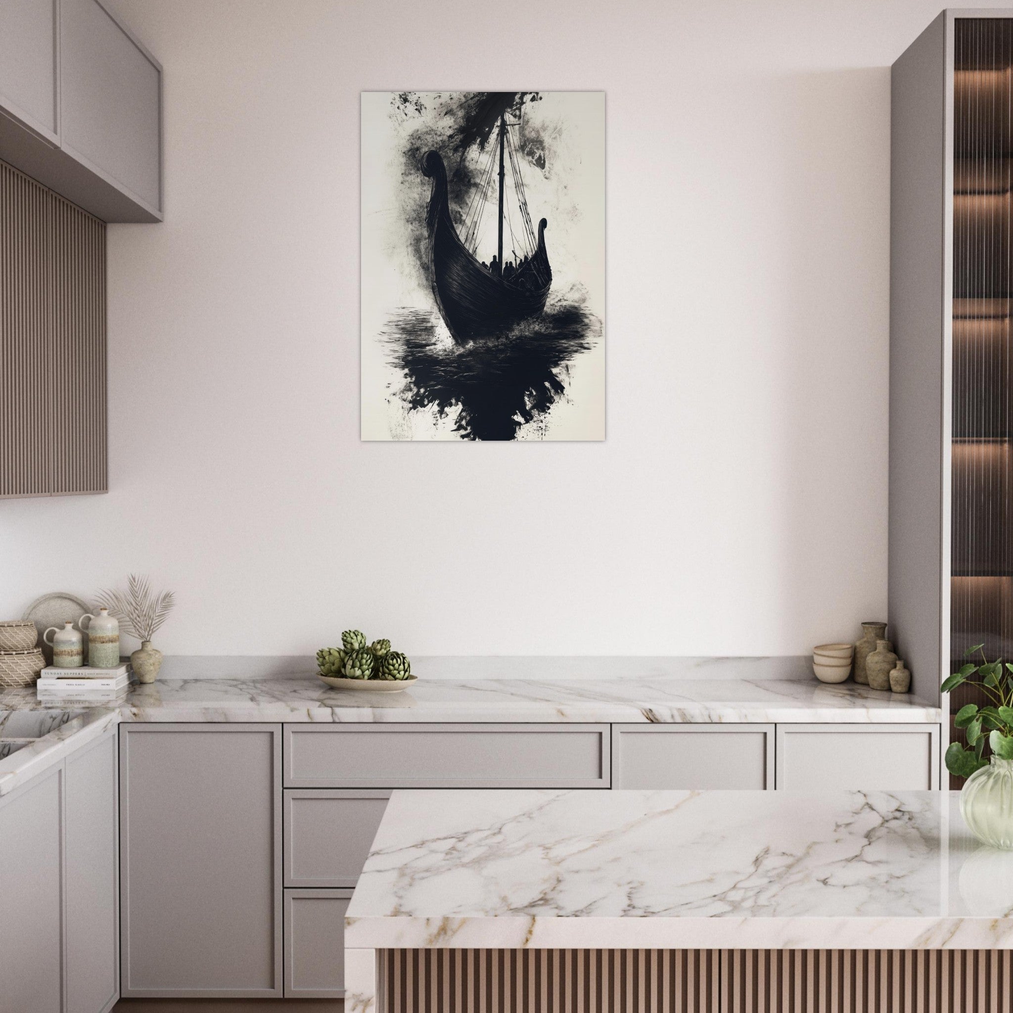 Aluminum Print Portrait - The Ghostly Viking Longship Dark Nordic Ink Met 5 - Shop Ai Art WebShop - Digital Art online Store