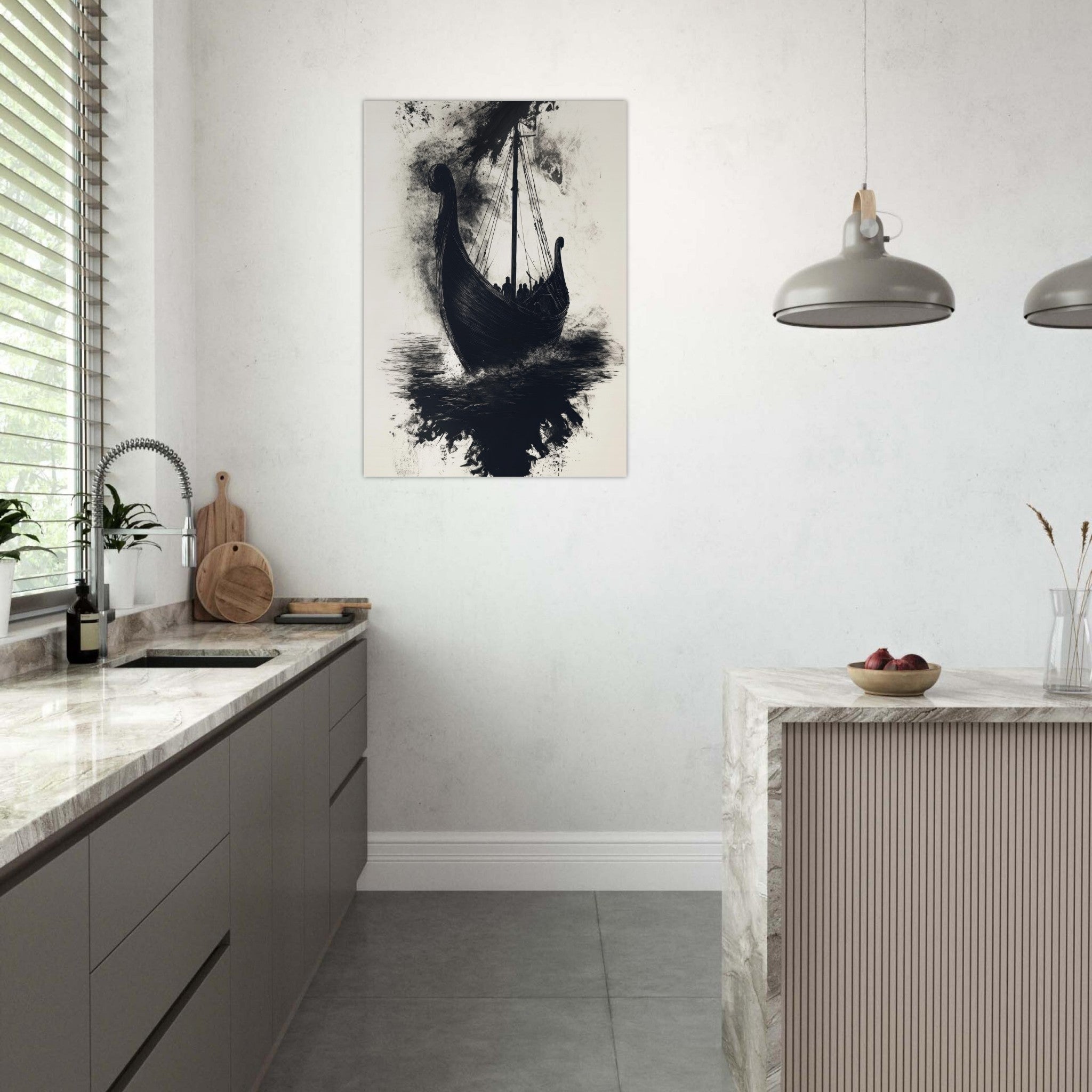 Aluminum Print Portrait - The Ghostly Viking Longship Dark Nordic Ink Met 5 - Shop Ai Art WebShop - Digital Art online Store