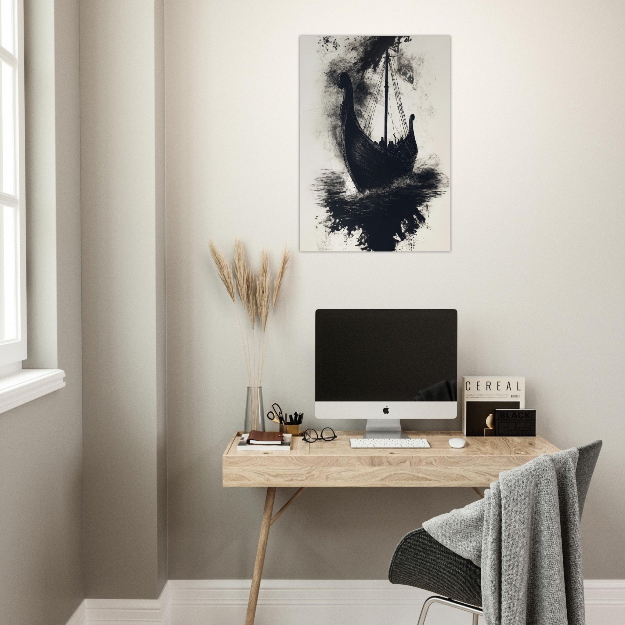 Aluminum Print Portrait - The Ghostly Viking Longship Dark Nordic Ink Met 5 - Shop Ai Art WebShop - Digital Art online Store