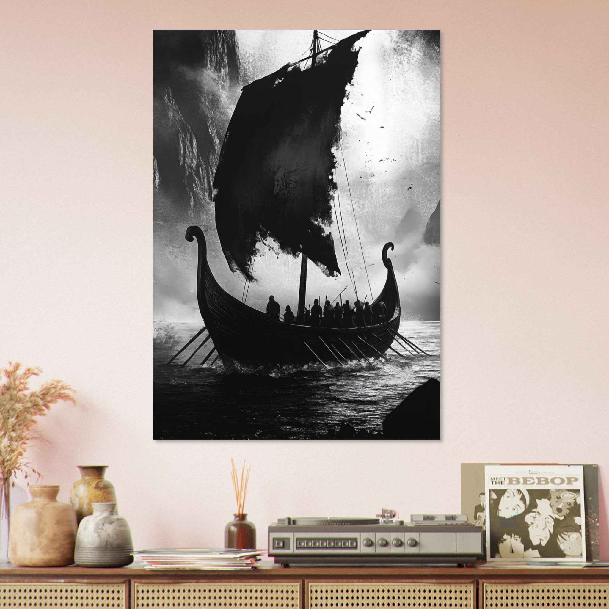 Aluminum Print Portrait - The Ghostly Viking Longship Dark Nordic Ink Met - Shop Ai Art WebShop - Digital Art online Store