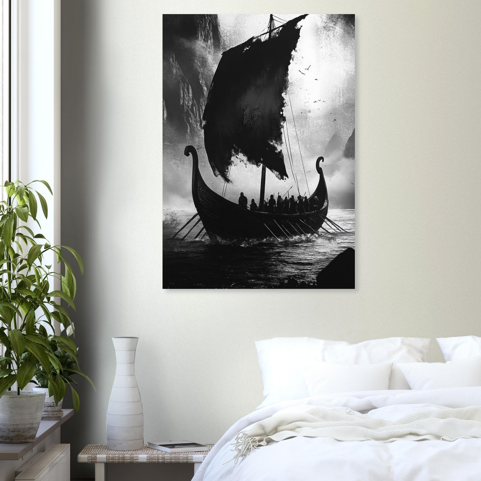 Aluminum Print Portrait - The Ghostly Viking Longship Dark Nordic Ink Met - Shop Ai Art WebShop - Digital Art online Store