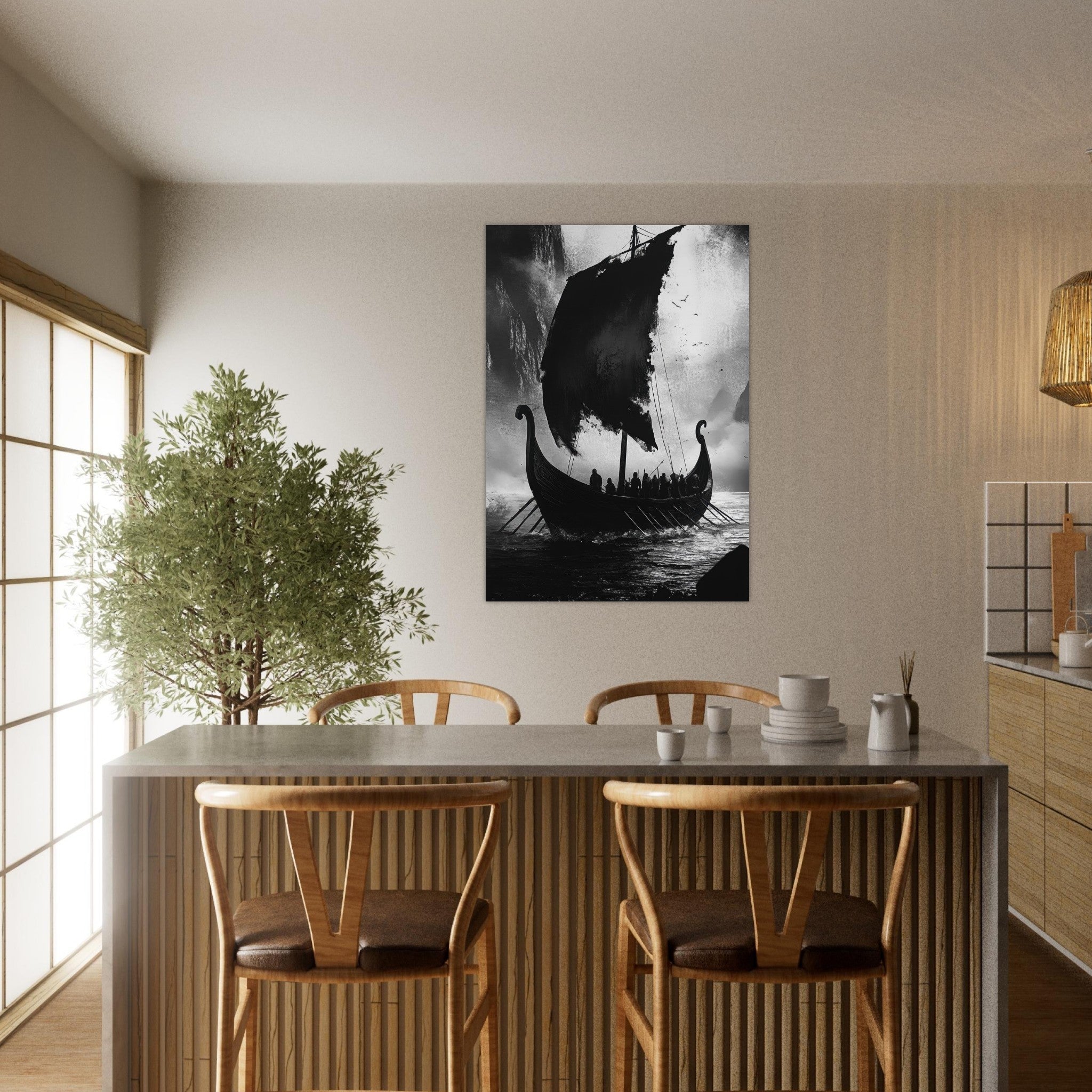 Aluminum Print Portrait - The Ghostly Viking Longship Dark Nordic Ink Met - Shop Ai Art WebShop - Digital Art online Store