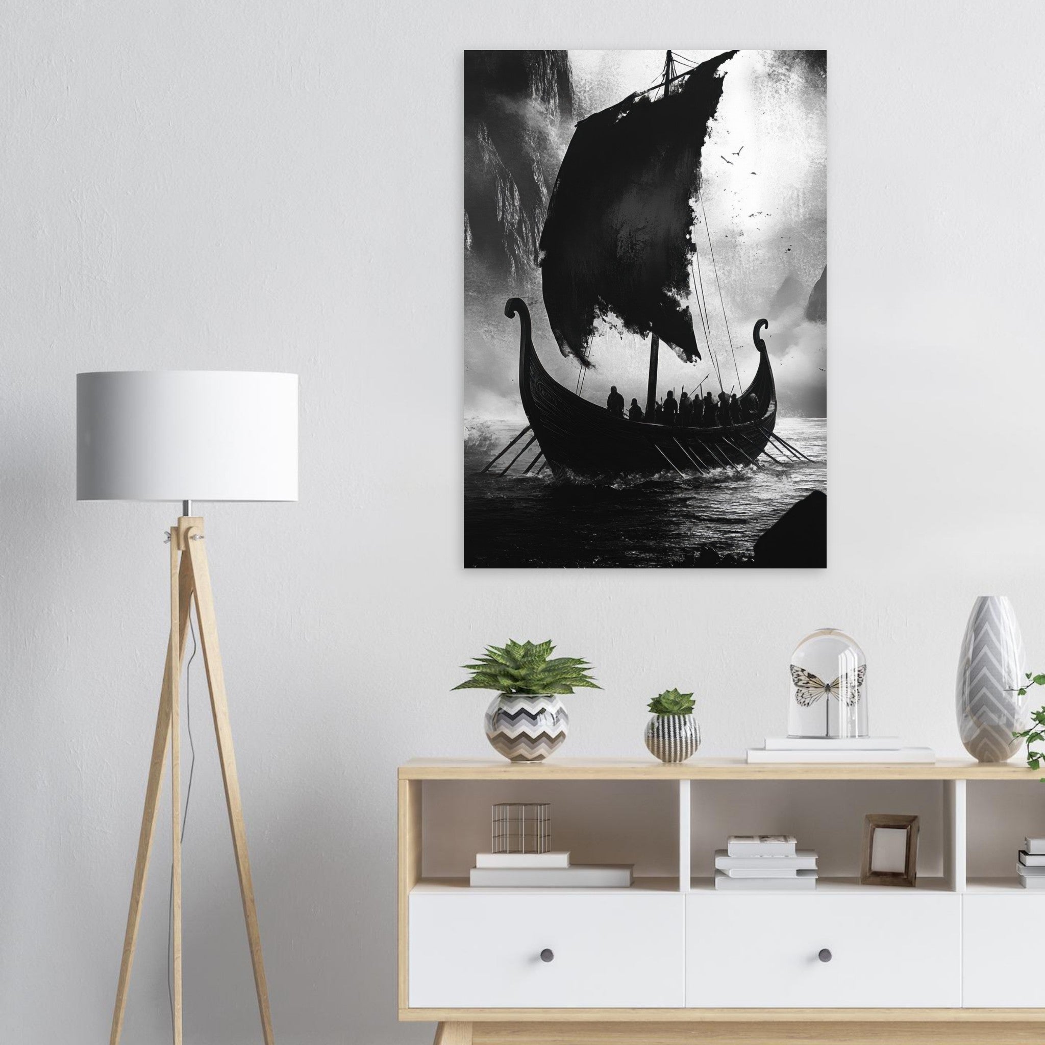 Aluminum Print Portrait - The Ghostly Viking Longship Dark Nordic Ink Met - Shop Ai Art WebShop - Digital Art online Store