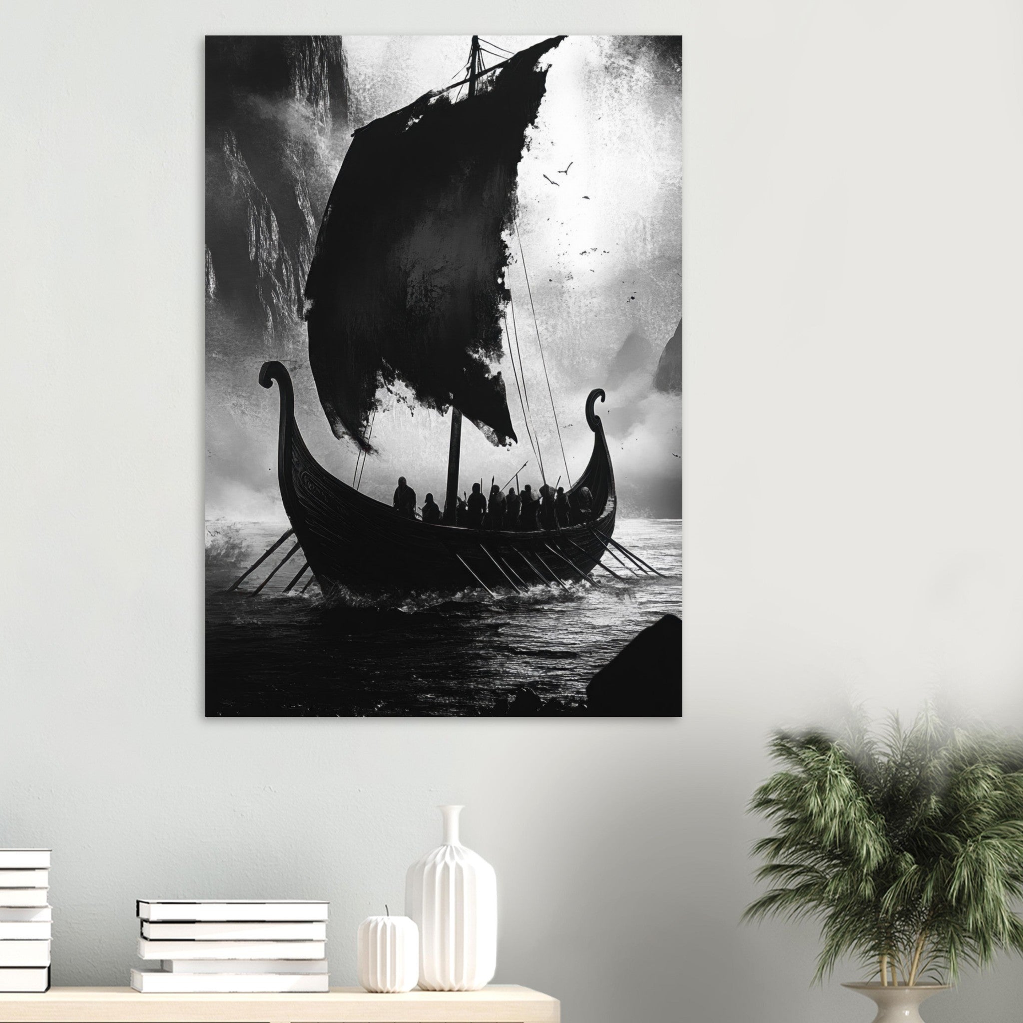 Aluminum Print Portrait - The Ghostly Viking Longship Dark Nordic Ink Met - Shop Ai Art WebShop - Digital Art online Store