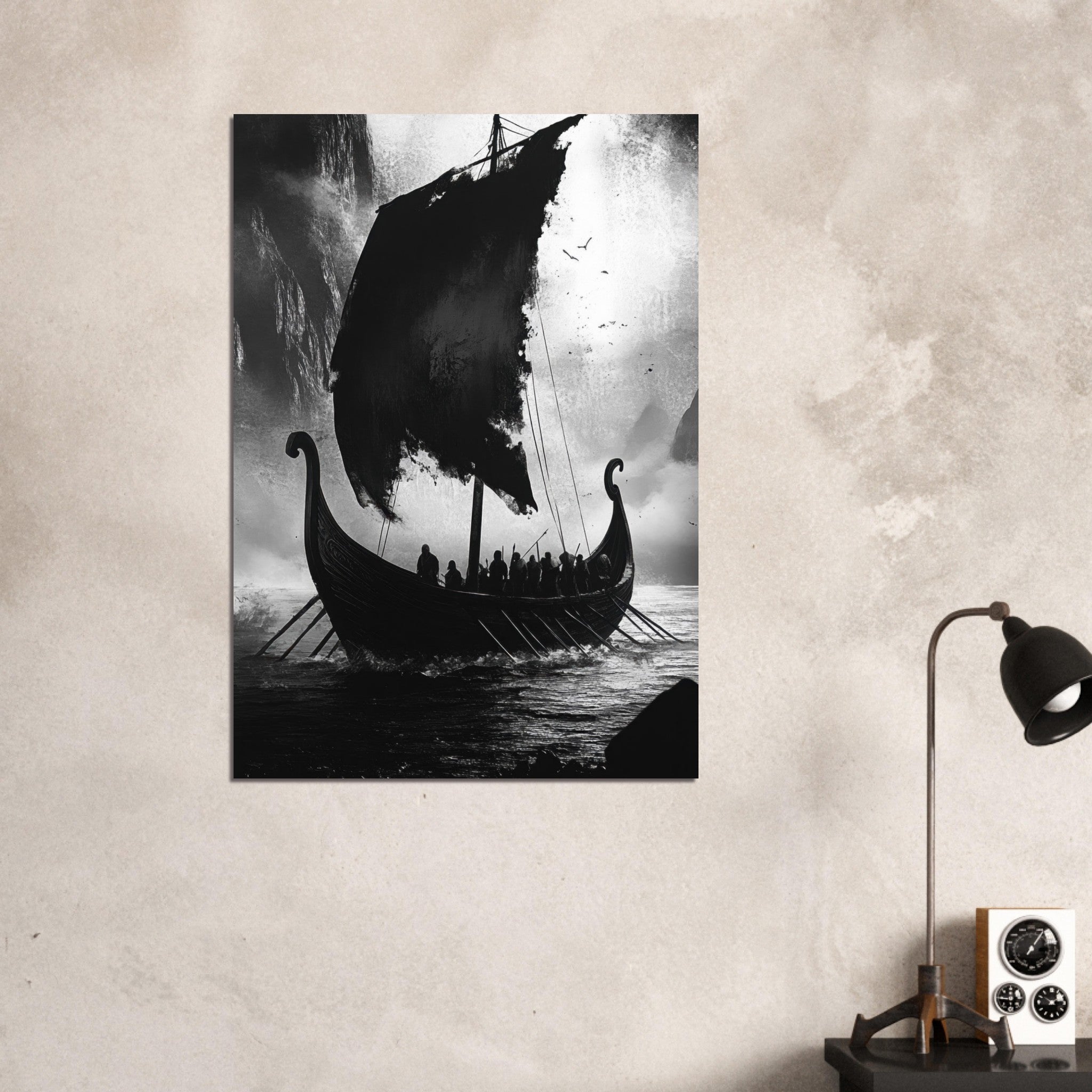 Aluminum Print Portrait - The Ghostly Viking Longship Dark Nordic Ink Met - Shop Ai Art WebShop - Digital Art online Store