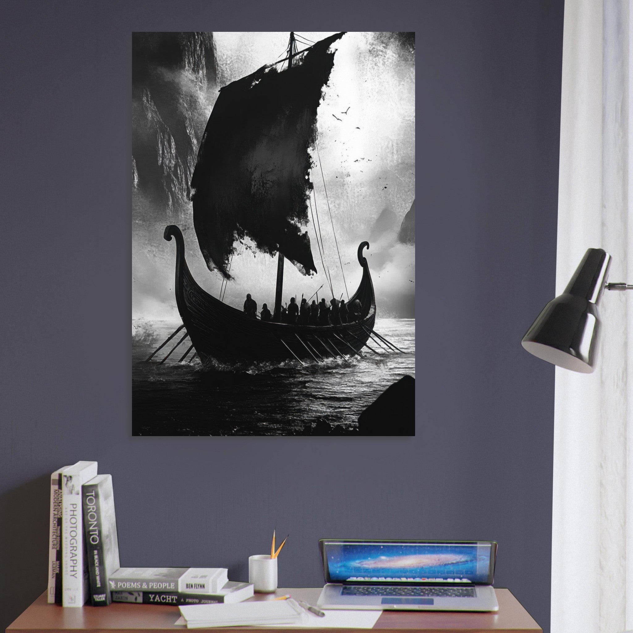 Aluminum Print Portrait - The Ghostly Viking Longship Dark Nordic Ink Met - Shop Ai Art WebShop - Digital Art online Store