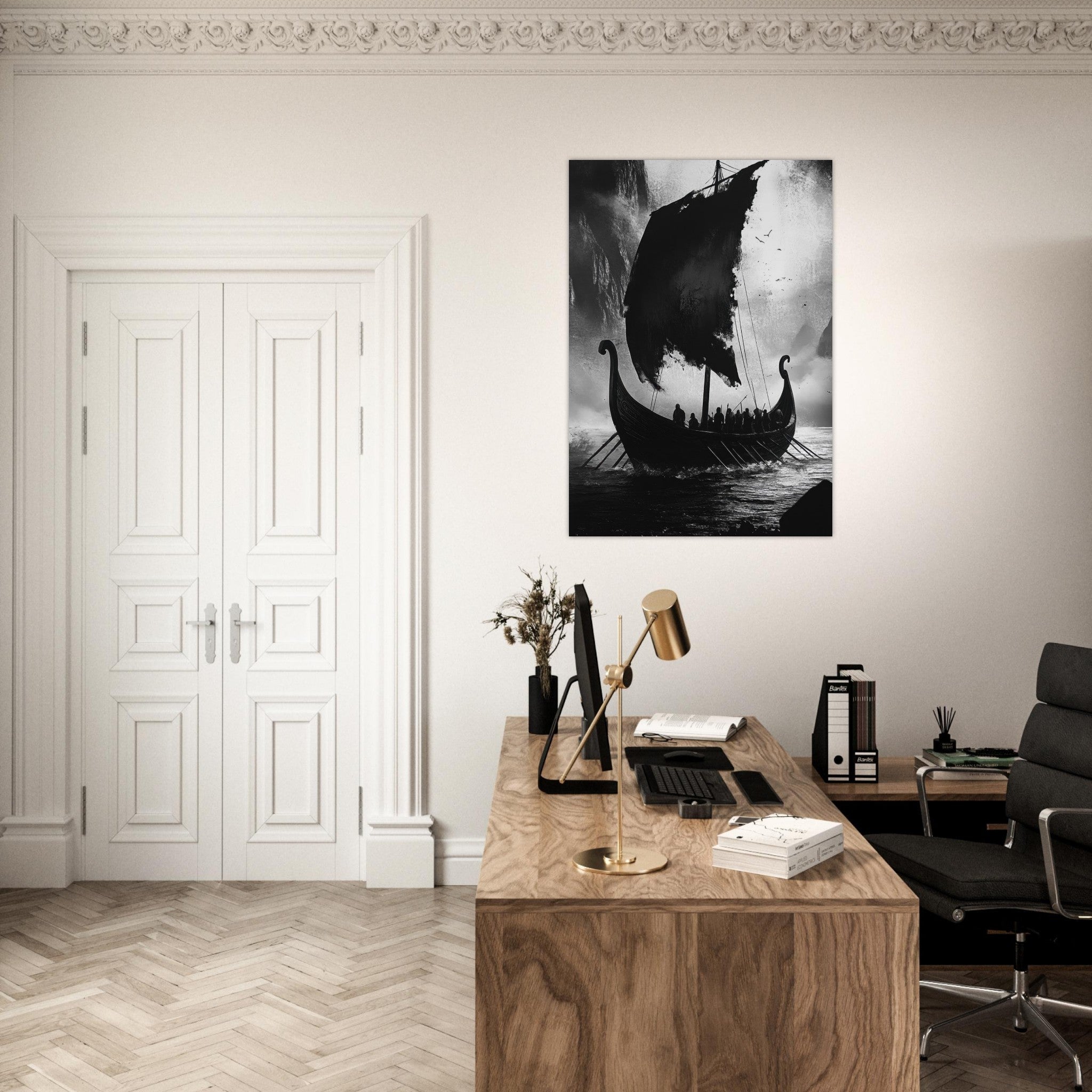 Aluminum Print Portrait - The Ghostly Viking Longship Dark Nordic Ink Met - Shop Ai Art WebShop - Digital Art online Store