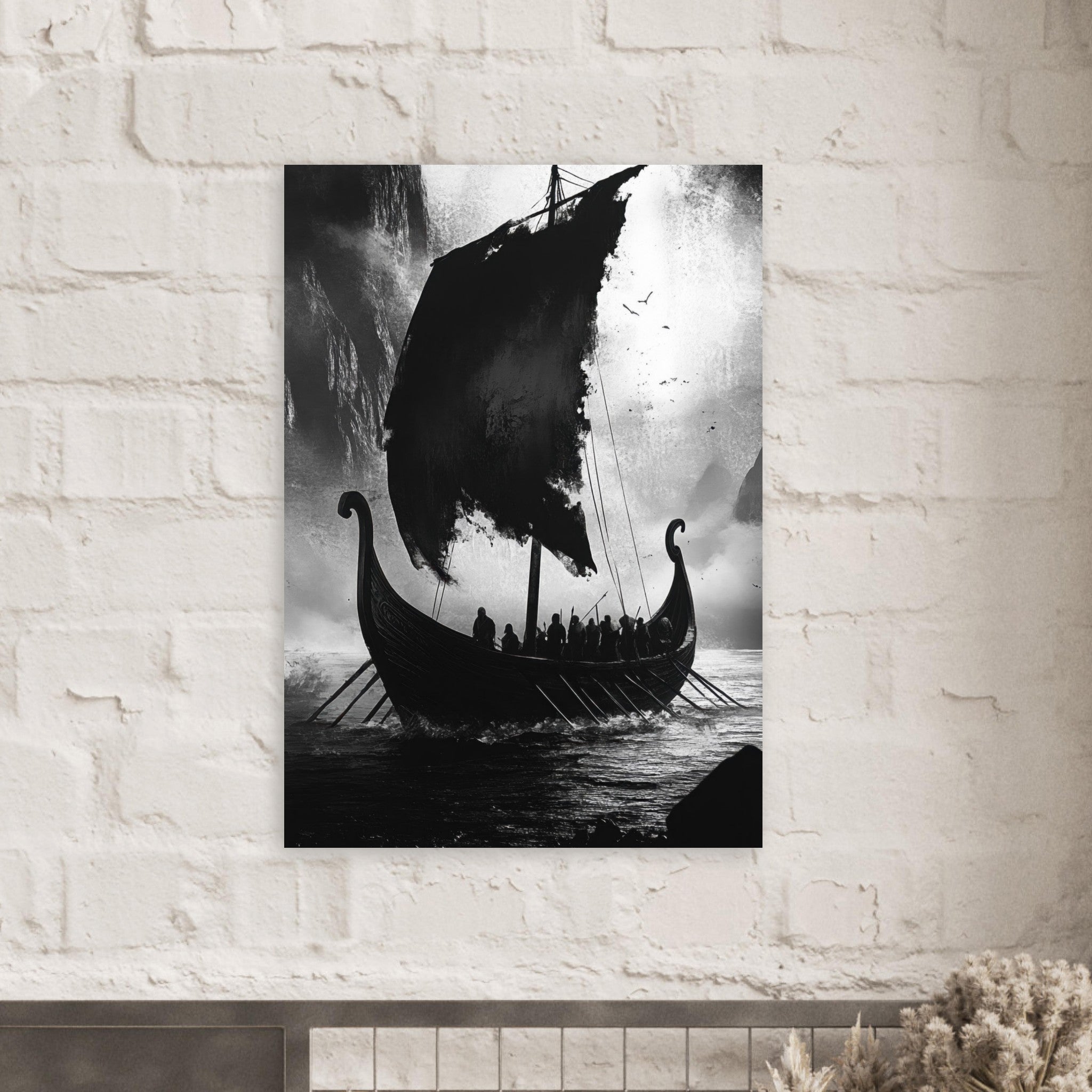 Aluminum Print Portrait - The Ghostly Viking Longship Dark Nordic Ink Met - Shop Ai Art WebShop - Digital Art online Store