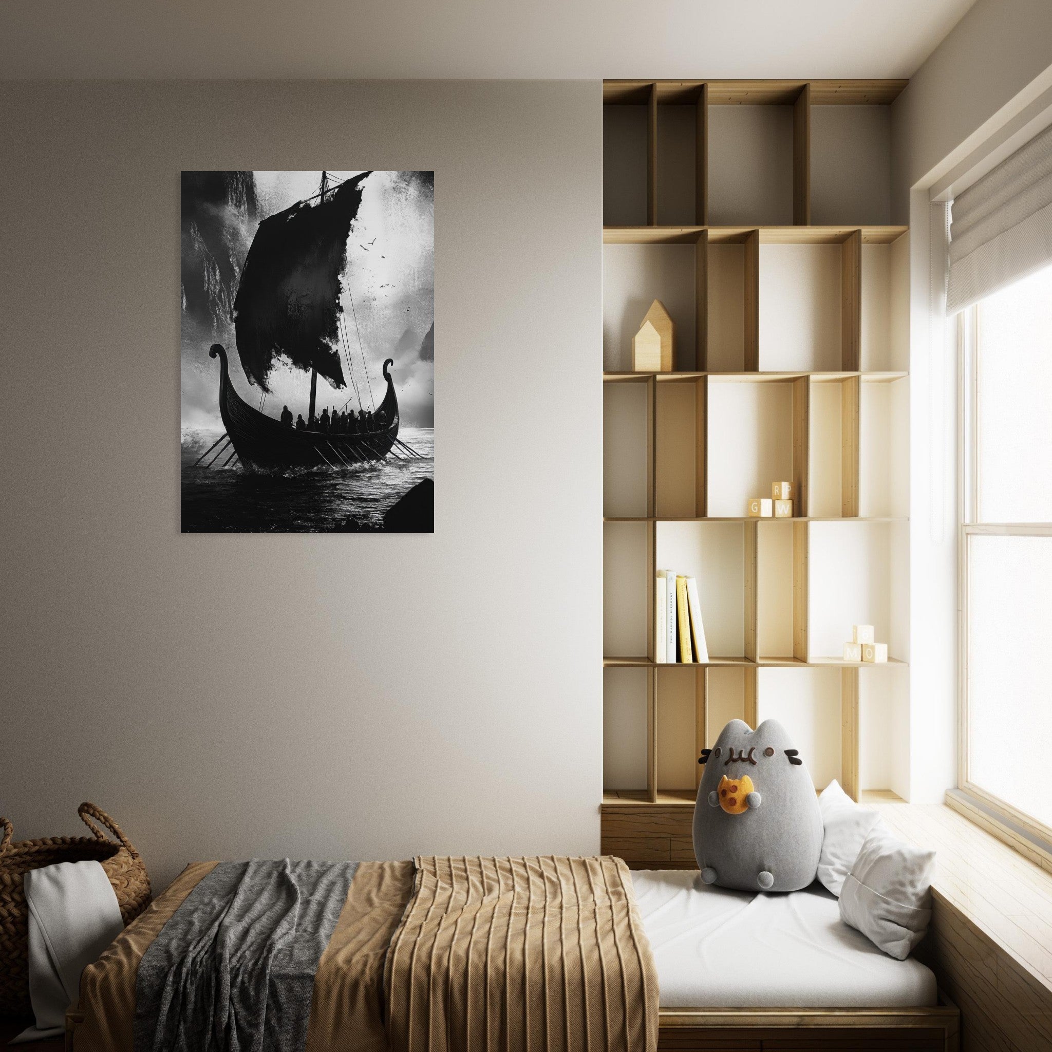 Aluminum Print Portrait - The Ghostly Viking Longship Dark Nordic Ink Met - Shop Ai Art WebShop - Digital Art online Store