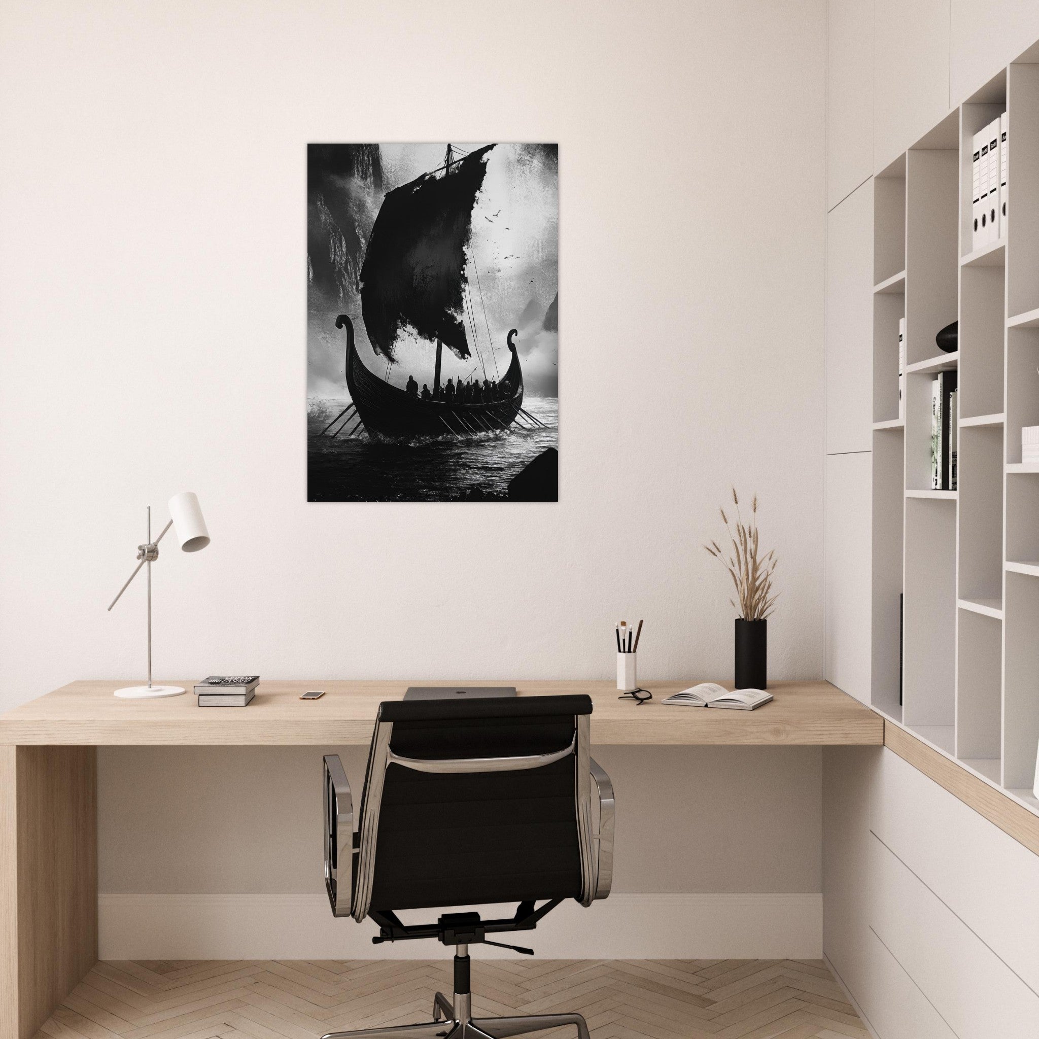 Aluminum Print Portrait - The Ghostly Viking Longship Dark Nordic Ink Met - Shop Ai Art WebShop - Digital Art online Store