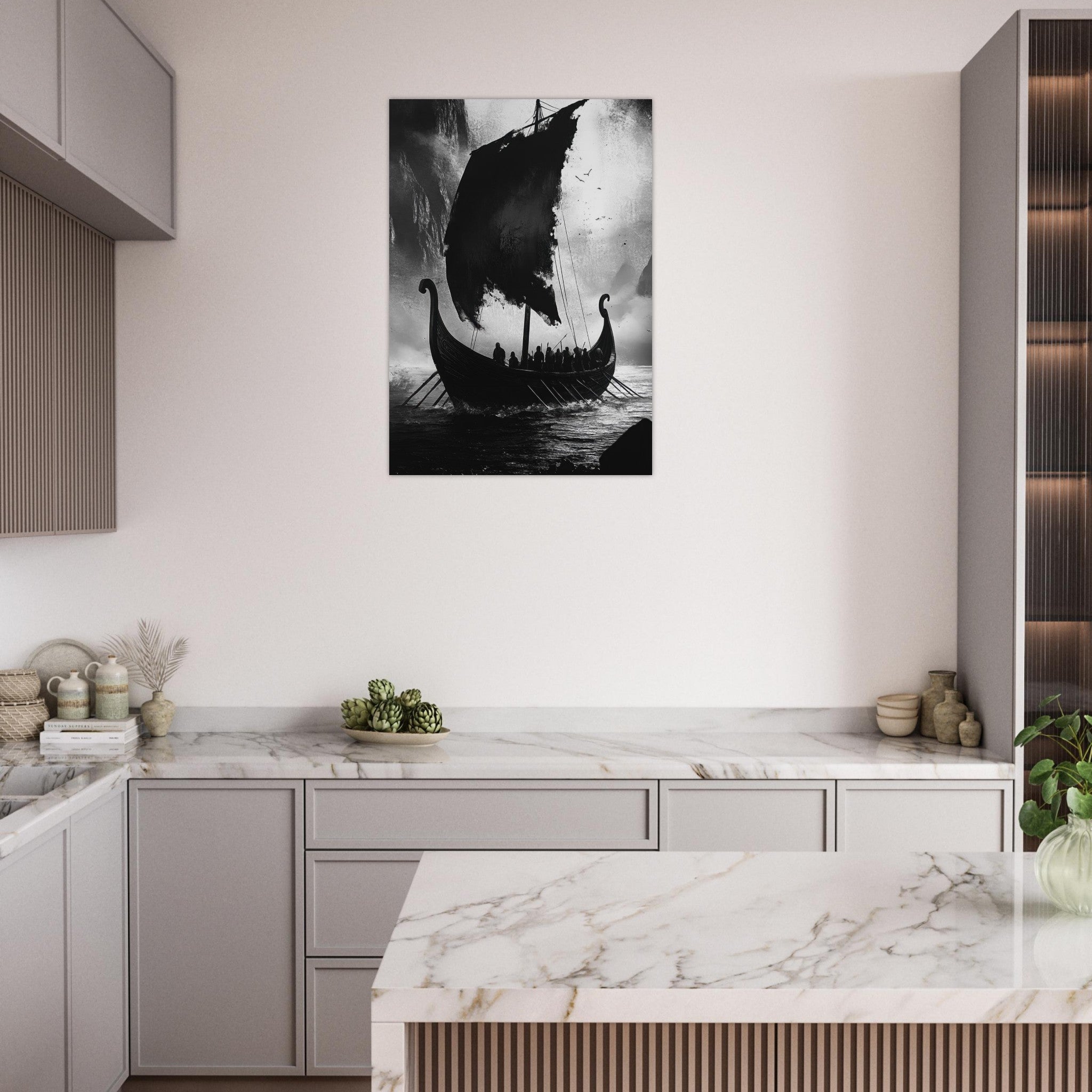 Aluminum Print Portrait - The Ghostly Viking Longship Dark Nordic Ink Met - Shop Ai Art WebShop - Digital Art online Store