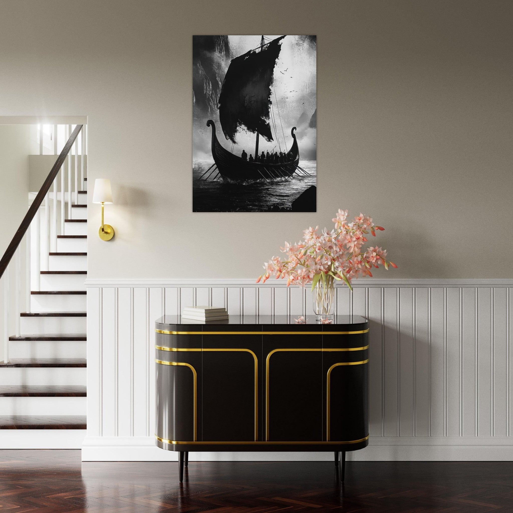 Aluminum Print Portrait - The Ghostly Viking Longship Dark Nordic Ink Met - Shop Ai Art WebShop - Digital Art online Store