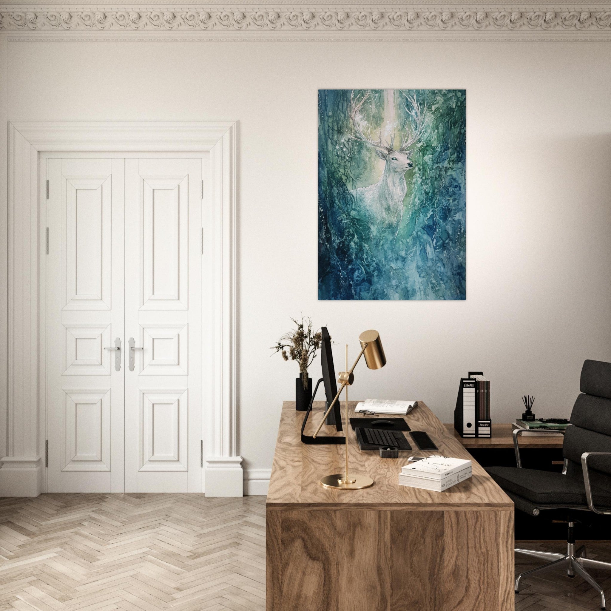 Aluminum Print Portrait - The Silver Stag of the Enchanted Glade Fantasy 2 - Shop Ai Art WebShop - Digital Art online Store