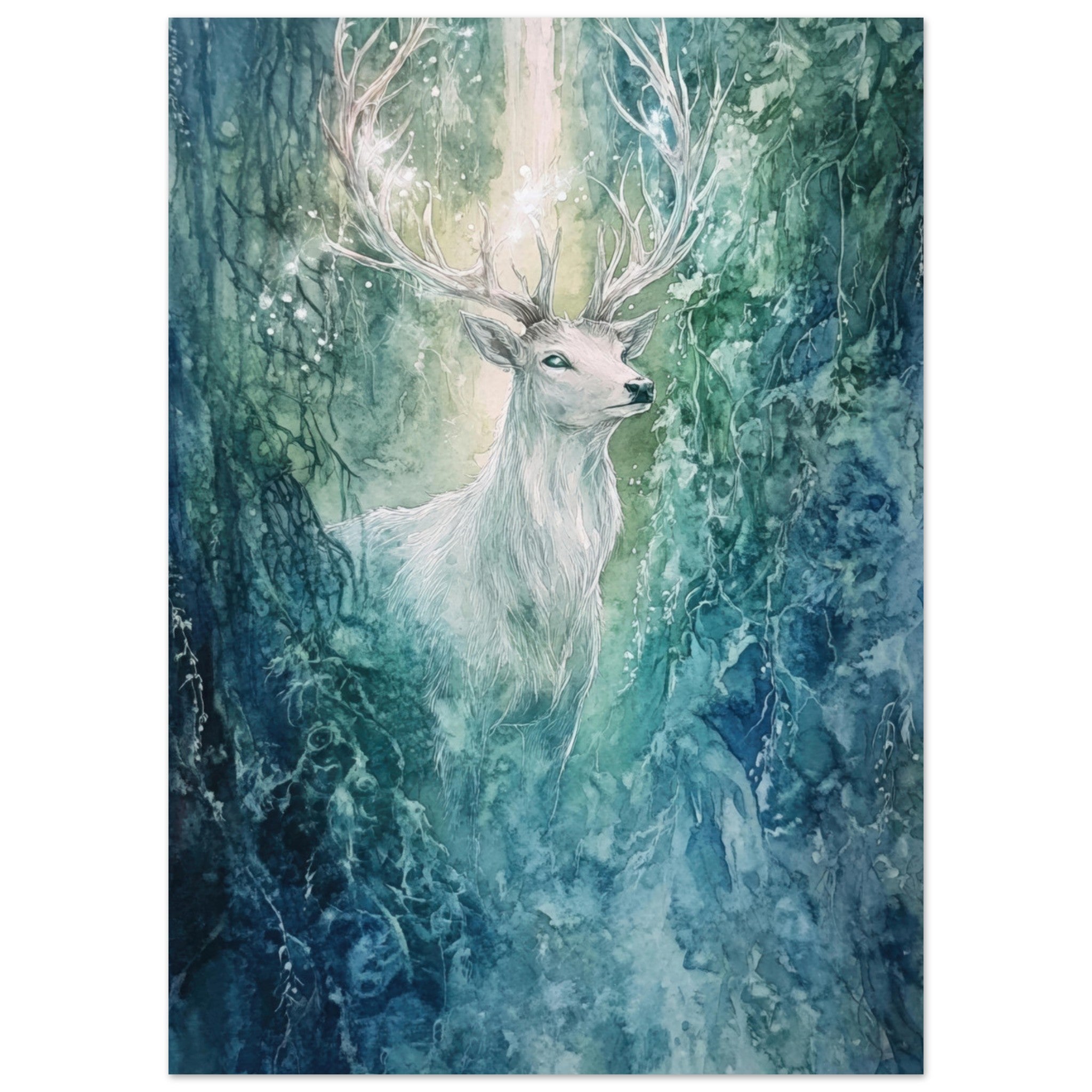 Aluminum Print Portrait - The Silver Stag of the Enchanted Glade Fantasy 2 - Shop Ai Art WebShop - Digital Art online Store