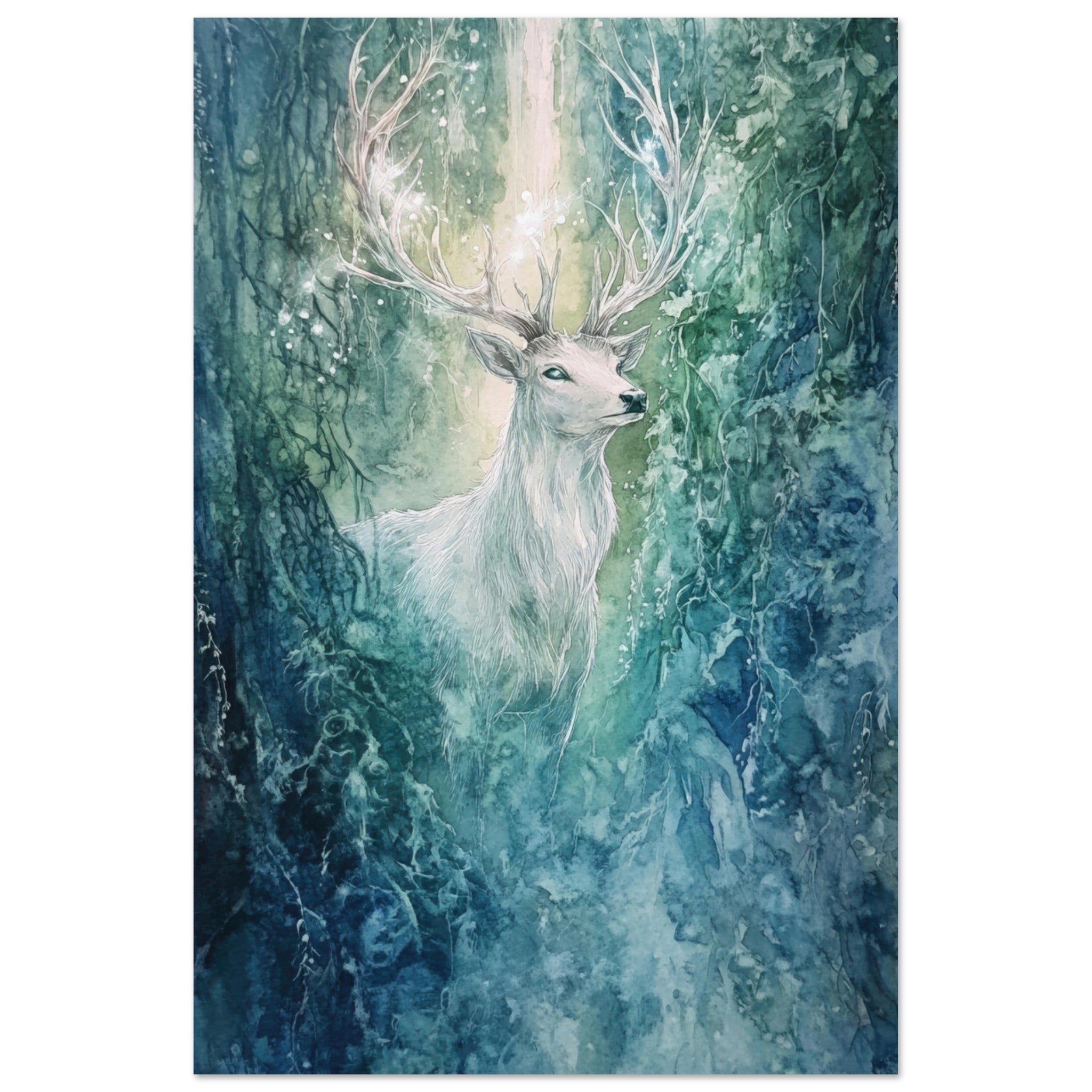 Aluminum Print Portrait - The Silver Stag of the Enchanted Glade Fantasy 2 - Shop Ai Art WebShop - Digital Art online Store