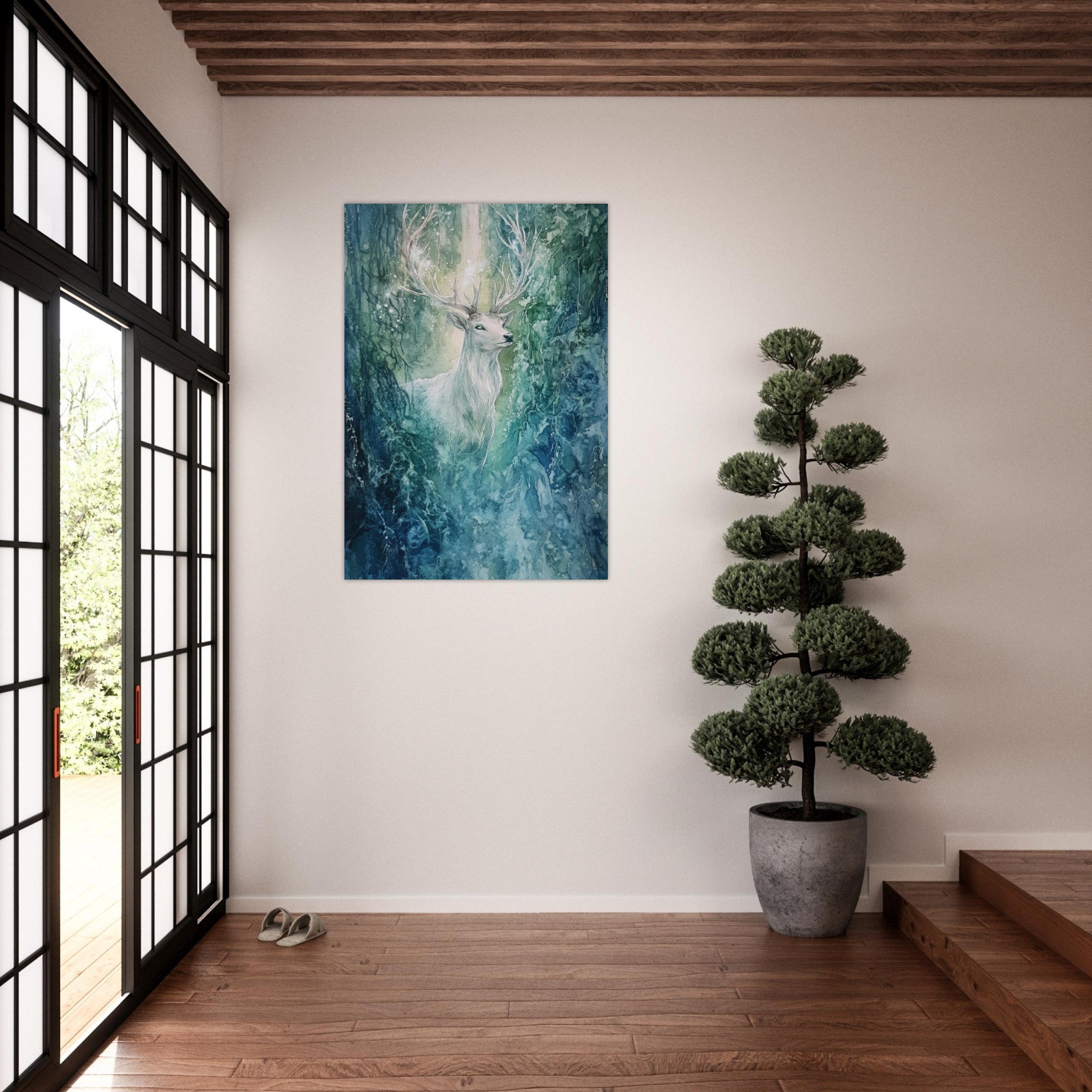 Aluminum Print Portrait - The Silver Stag of the Enchanted Glade Fantasy 2 - Shop Ai Art WebShop - Digital Art online Store
